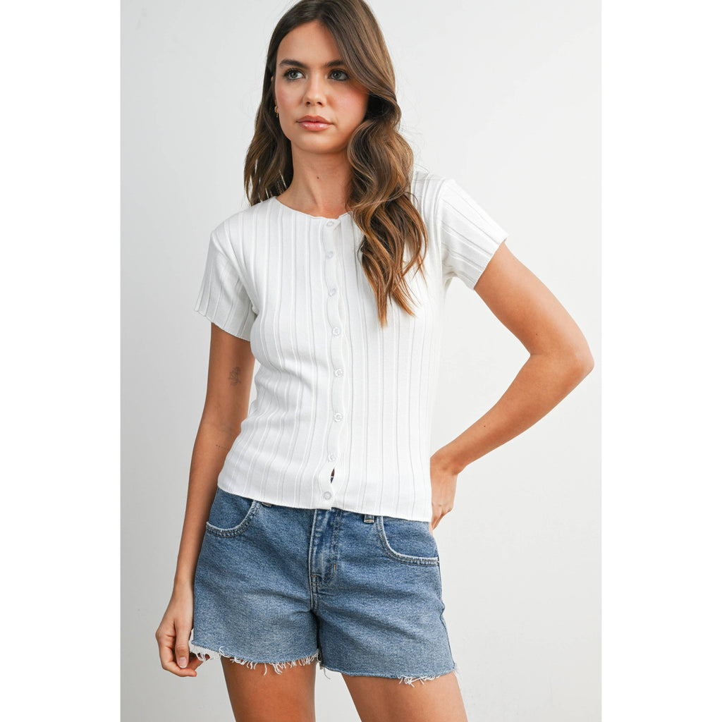 Ribbed Short Sleeve Buttoned Top