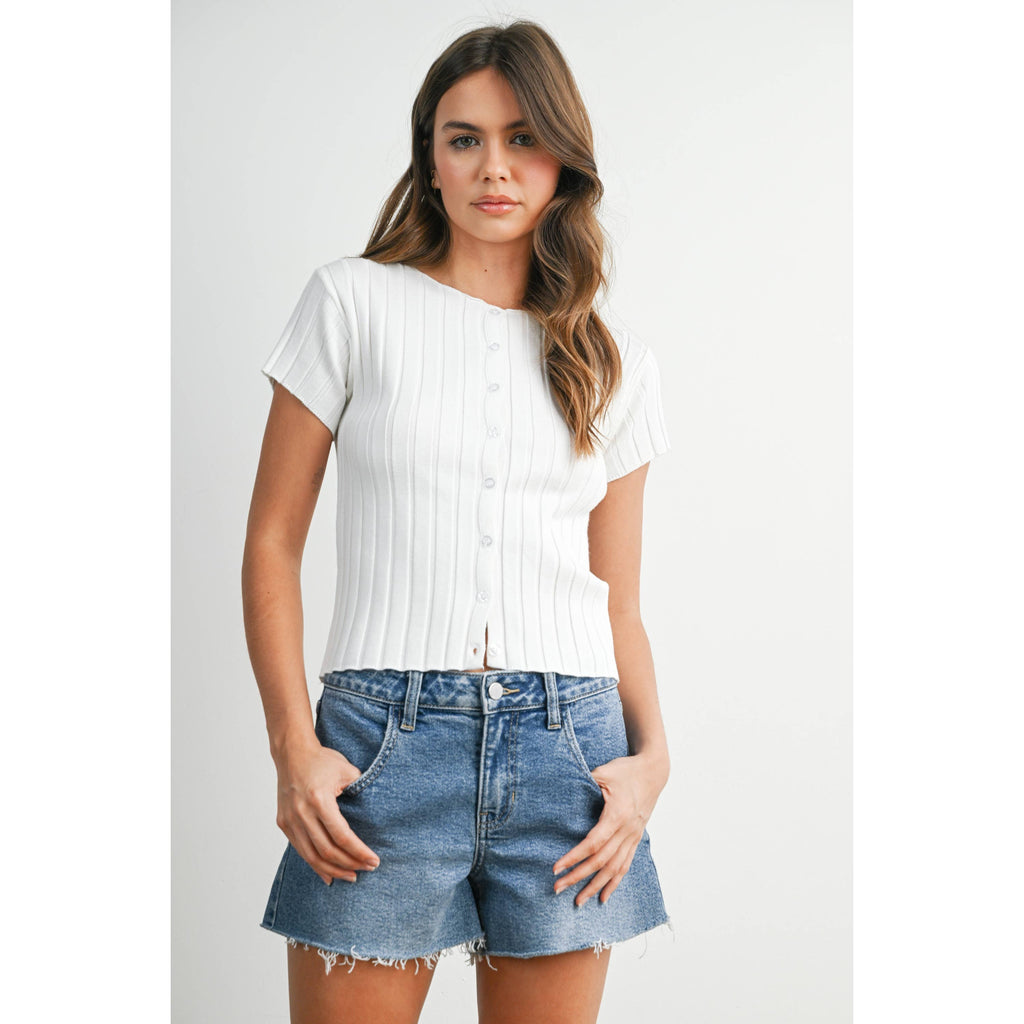 Ribbed Short Sleeve Buttoned Top