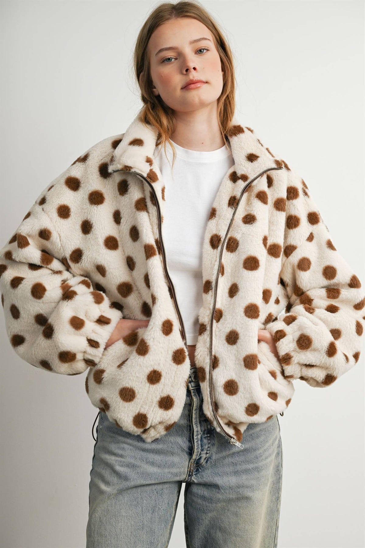 Cocoa Polka Dot Faux Fur Jacket