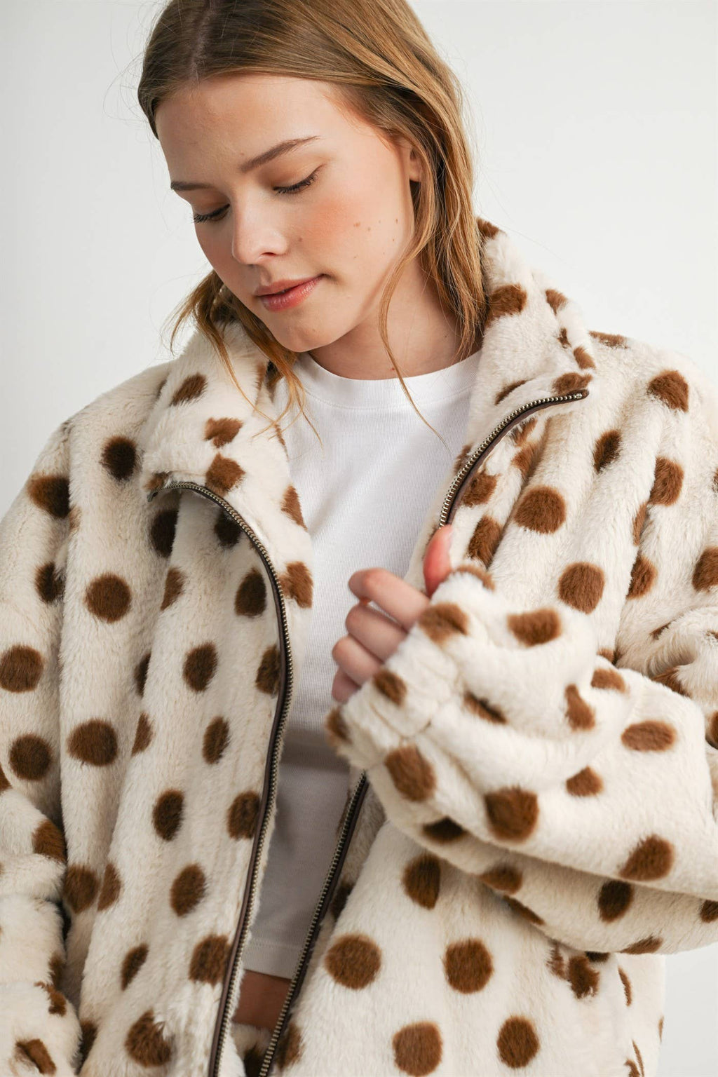Cocoa Polka Dot Faux Fur Jacket