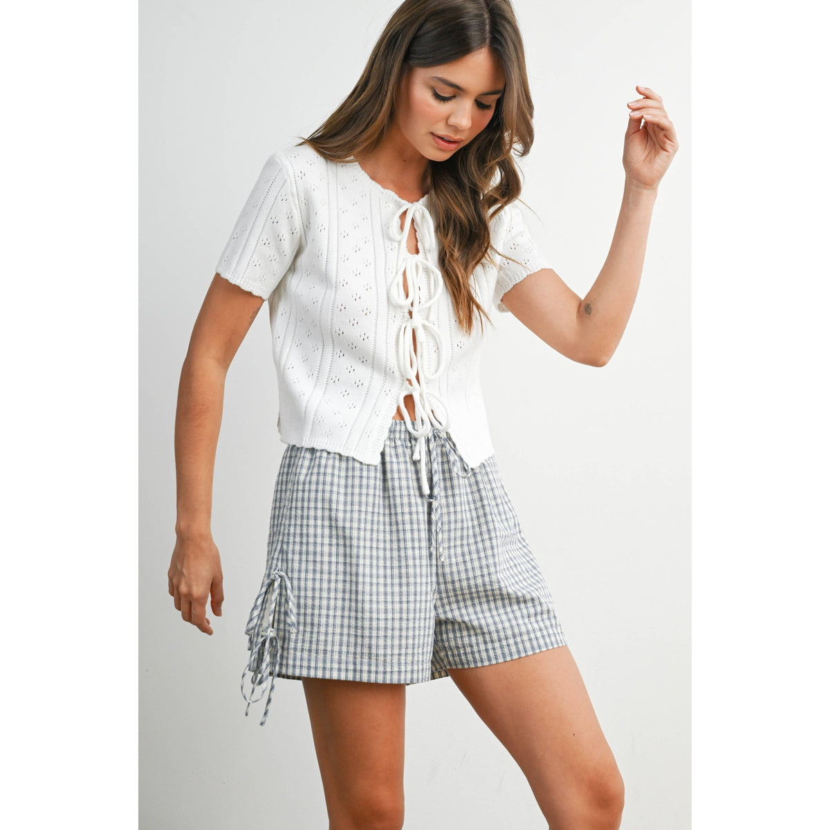Scalloped Tie-Front Pointelle Knit Top