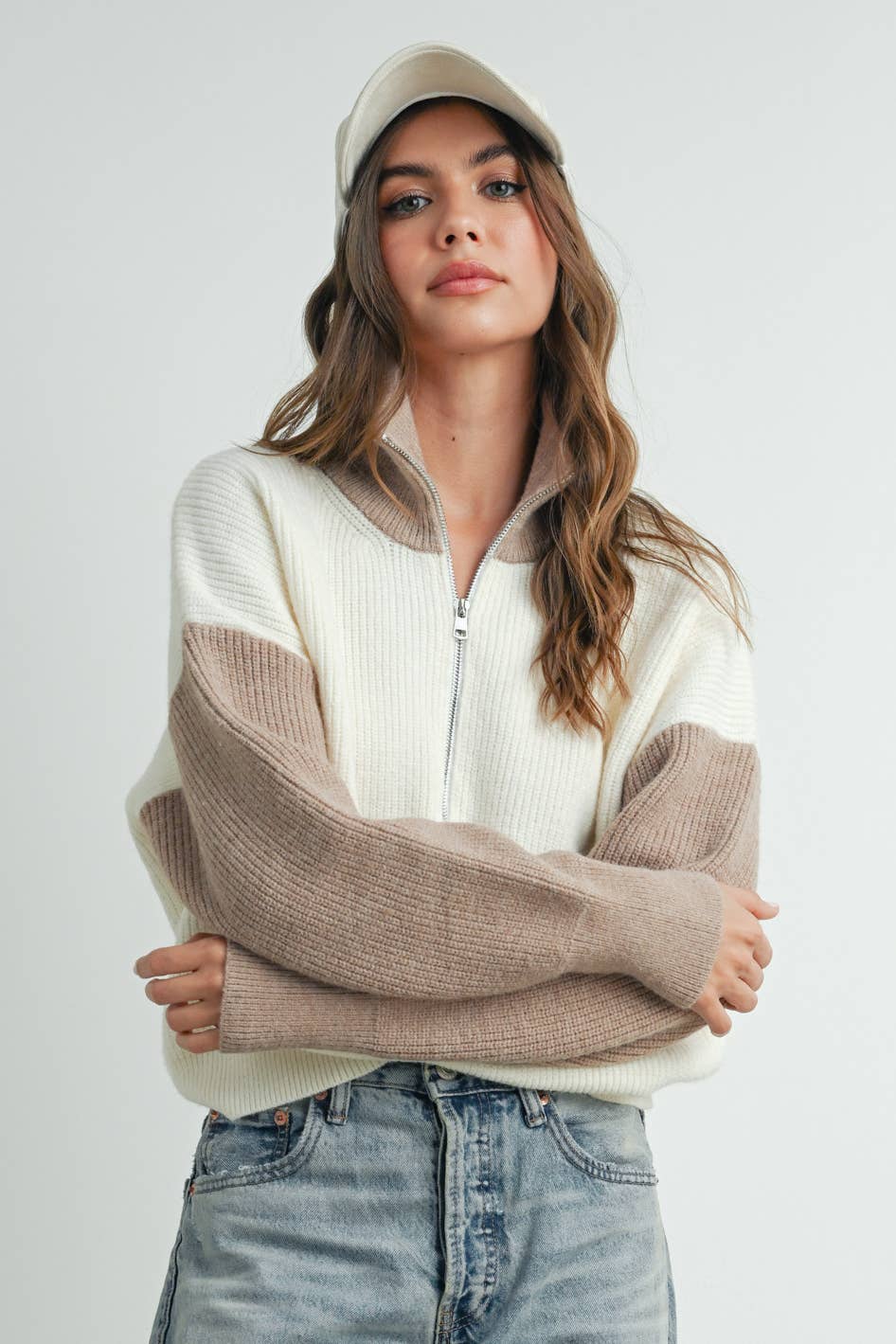Color Block Collar Half Zipper Pullover Sweater