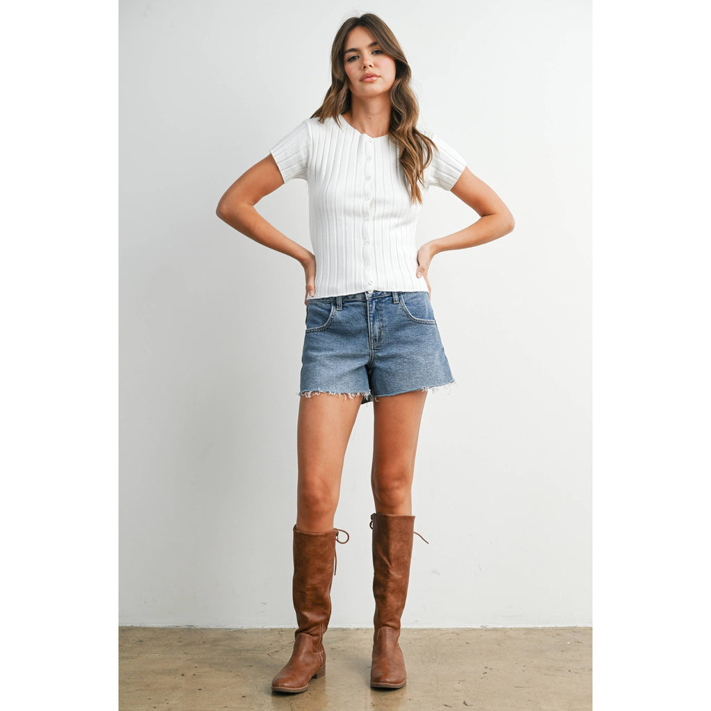 Ribbed Short Sleeve Buttoned Top