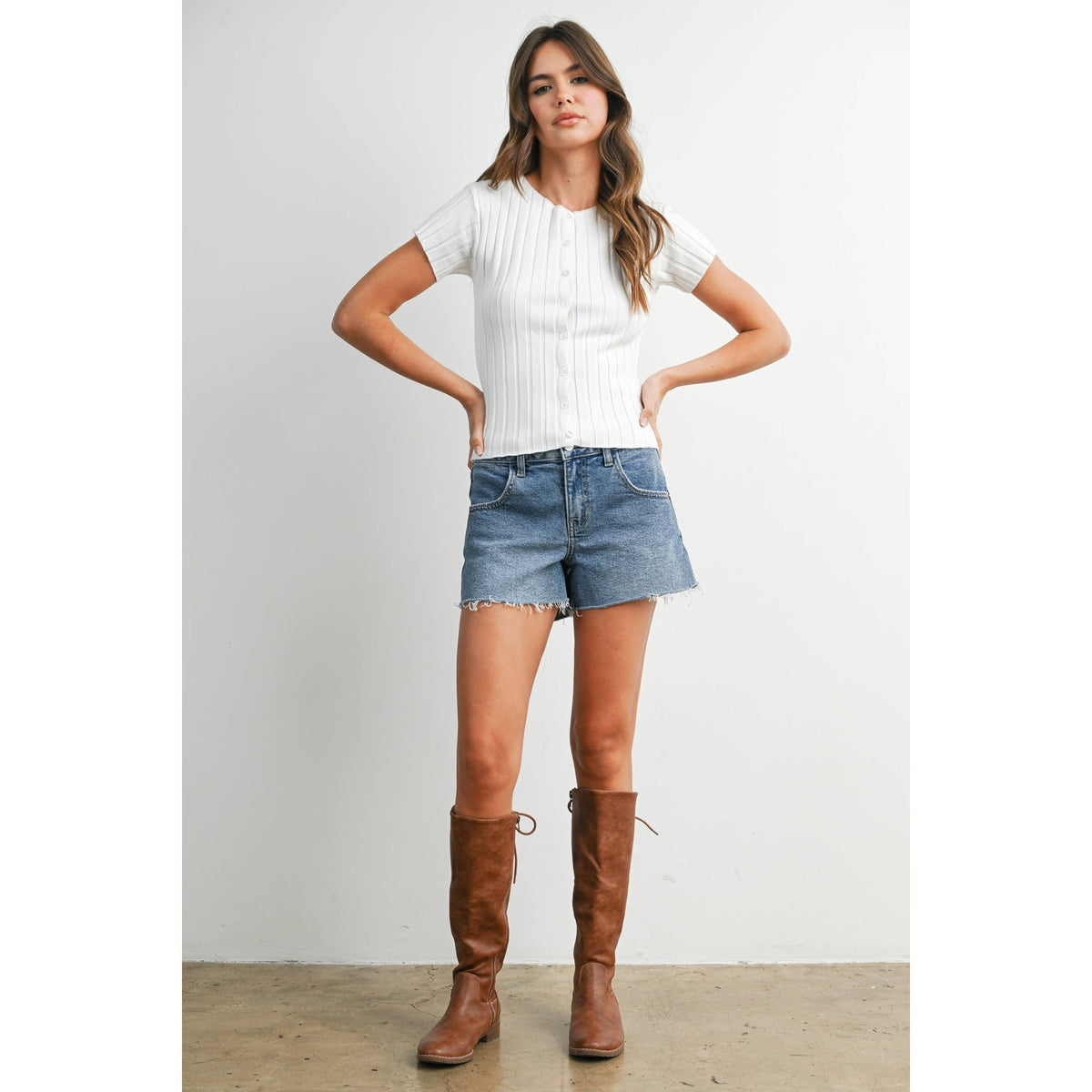 Ribbed Short Sleeve Buttoned Top