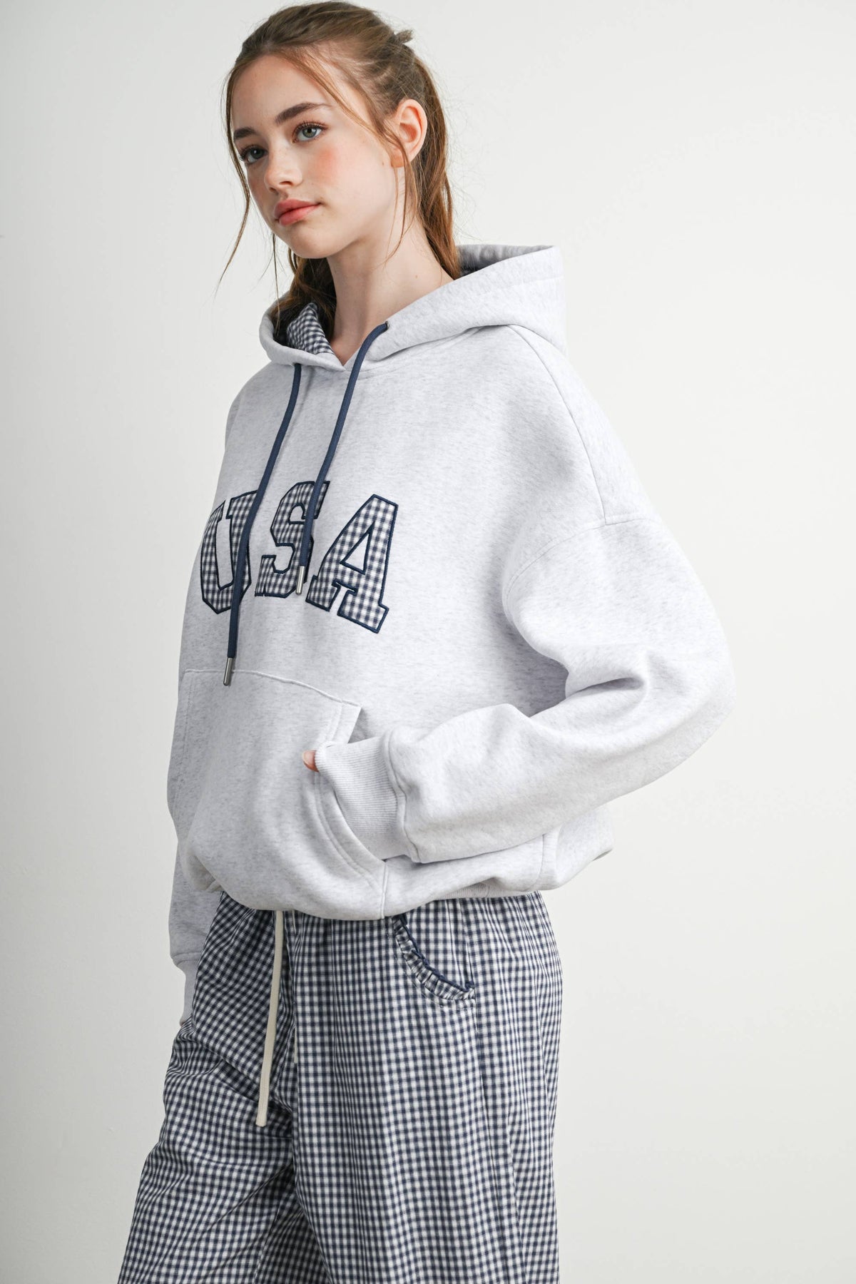 USA Graphic Gingham Lined Hooded Sweatshirt