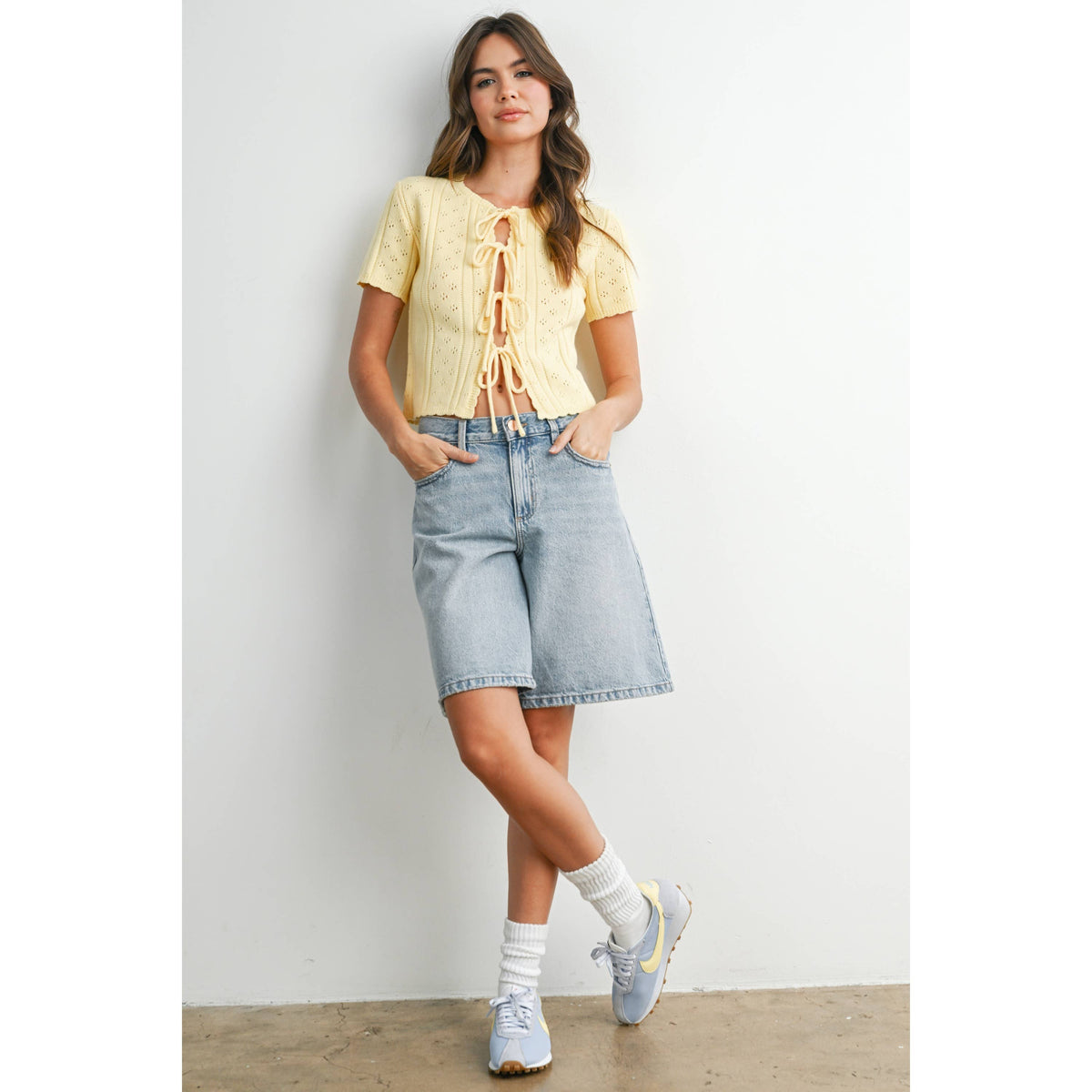 Scalloped Tie-Front Pointelle Knit Top