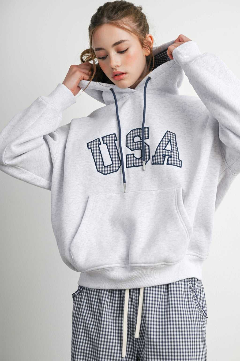 USA Graphic Gingham Lined Hooded Sweatshirt