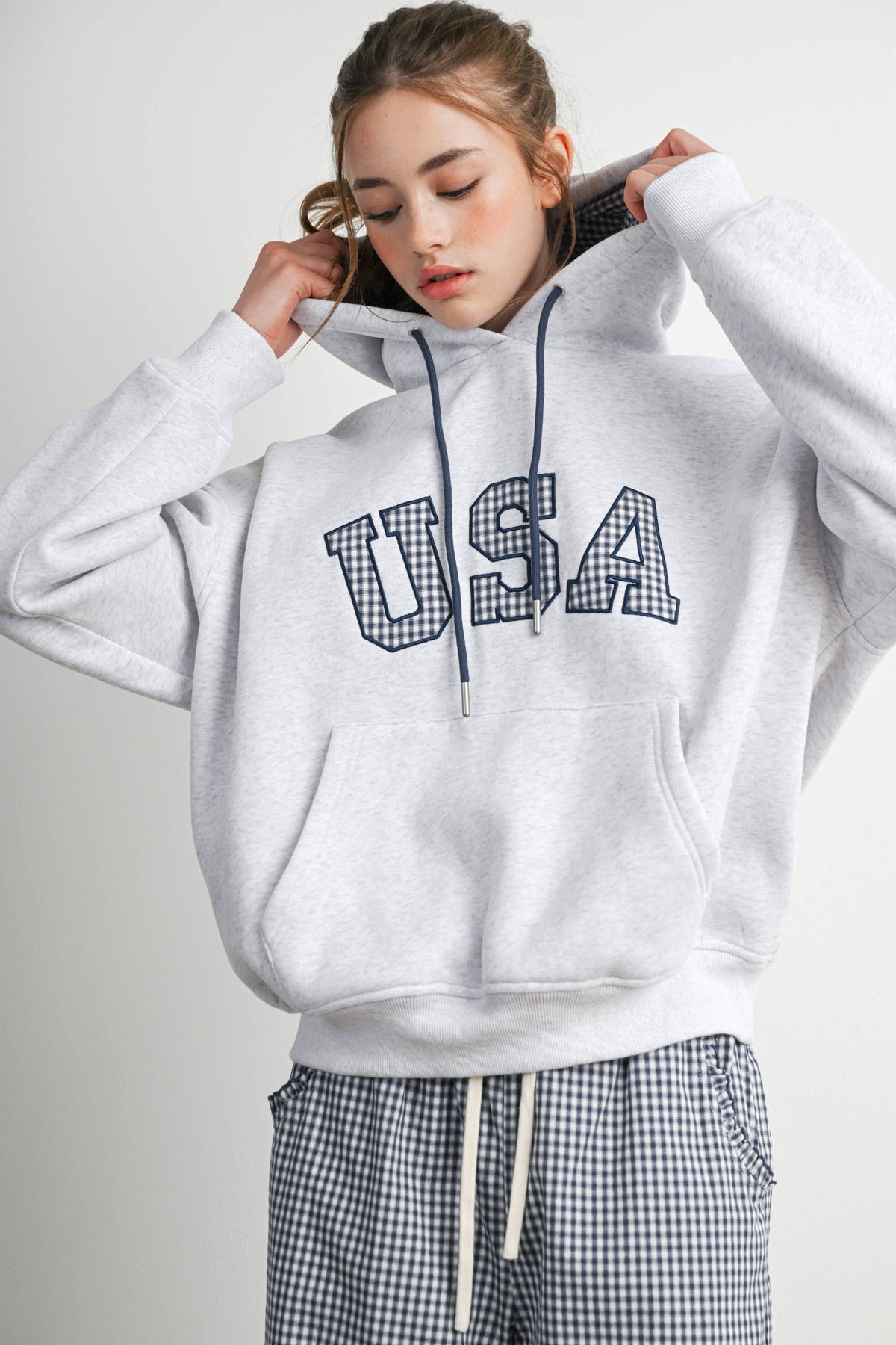 USA Graphic Gingham Lined Hooded Sweatshirt