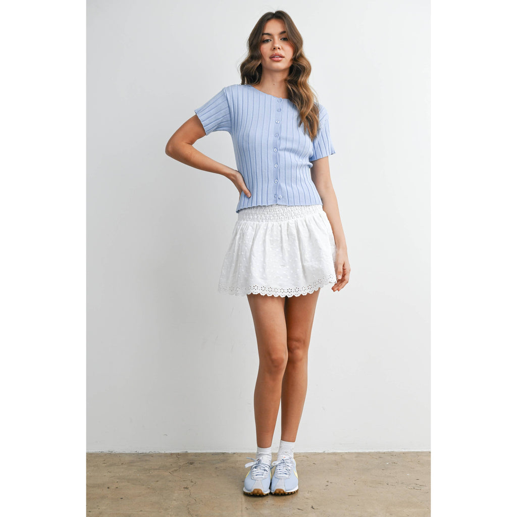 Ribbed Short Sleeve Buttoned Top