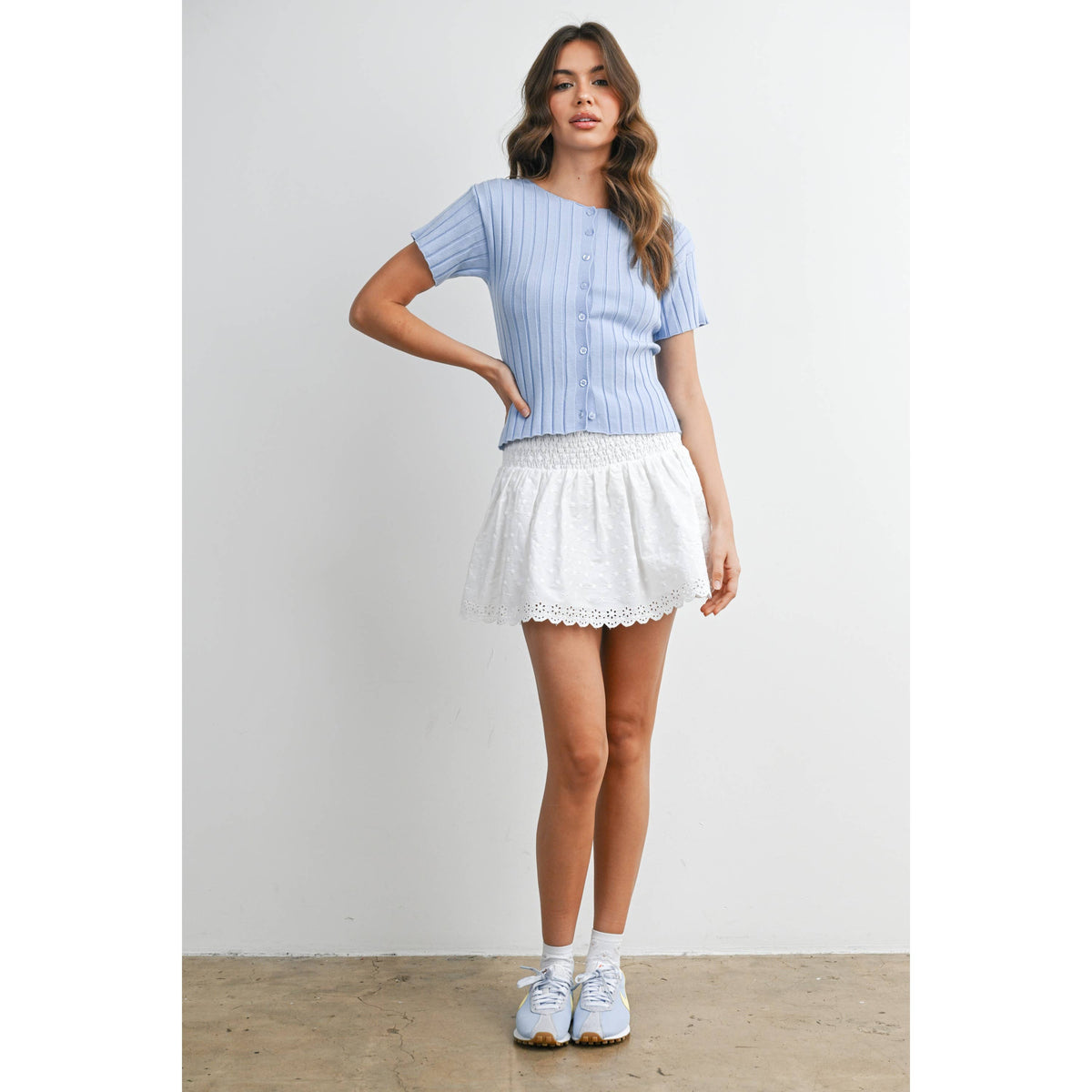 Ribbed Short Sleeve Buttoned Top
