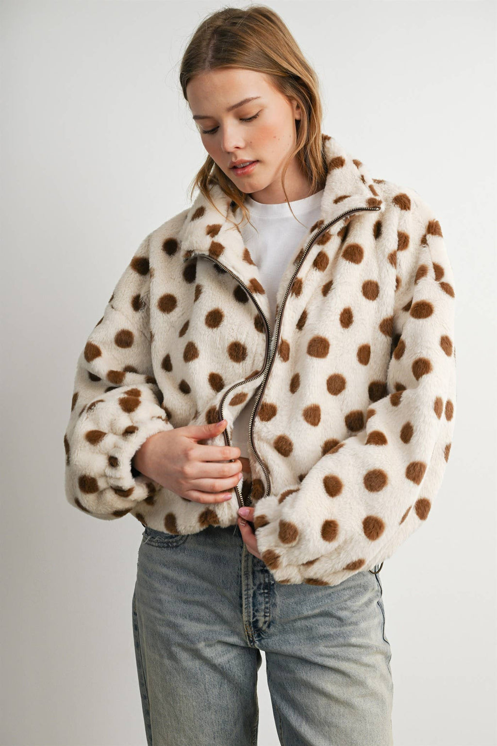 Cocoa Polka Dot Faux Fur Jacket