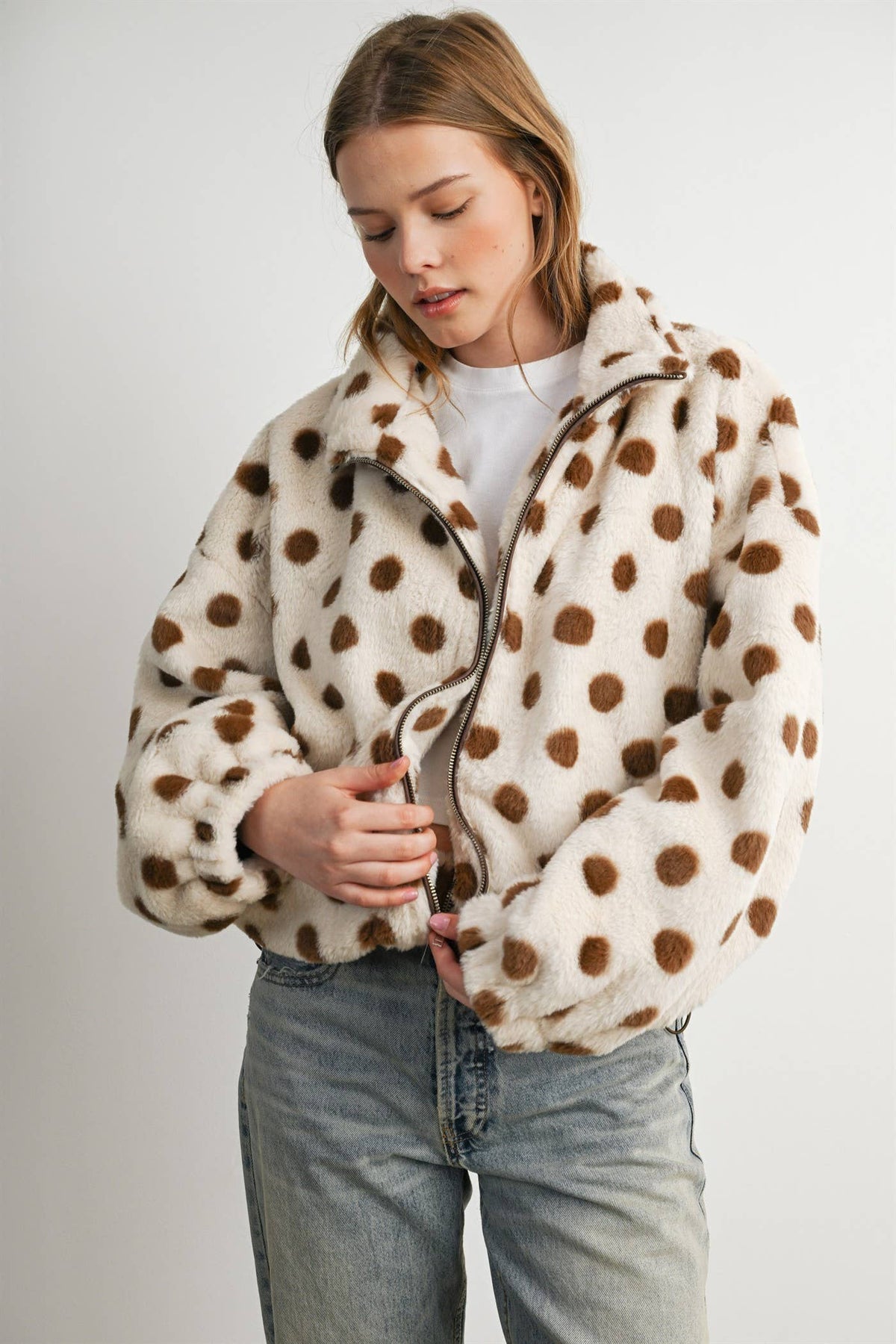 Cocoa Polka Dot Faux Fur Jacket