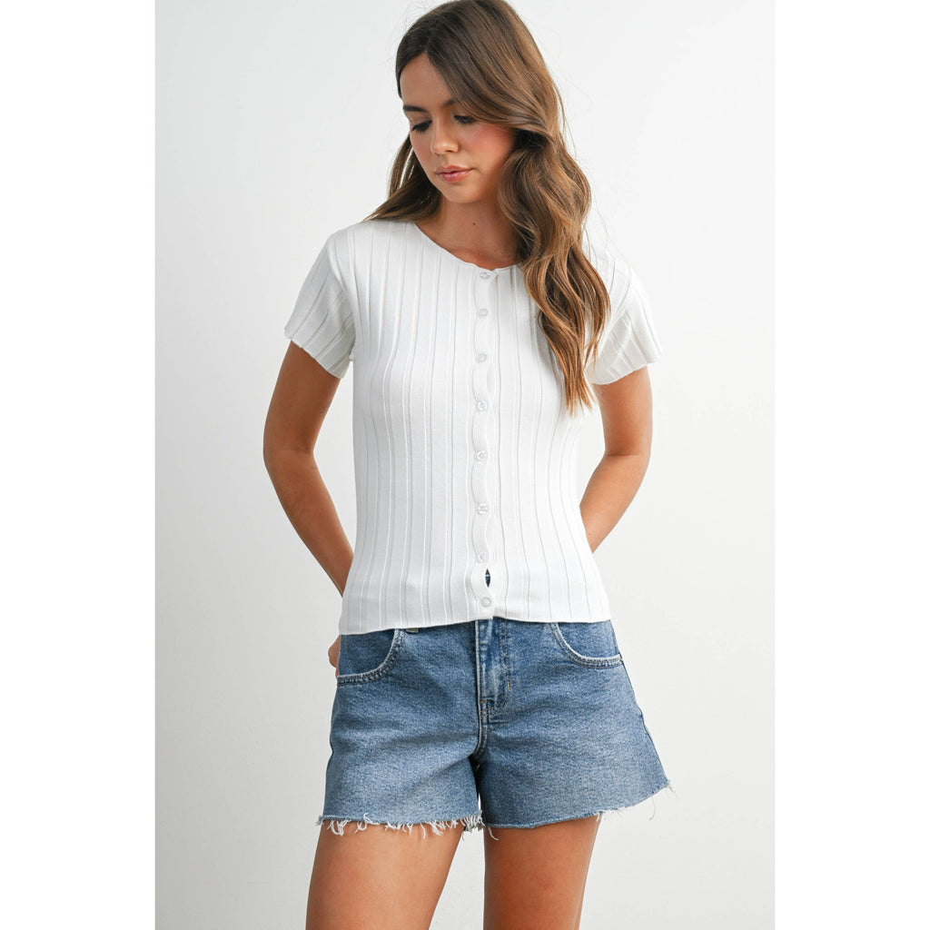 Ribbed Short Sleeve Buttoned Top