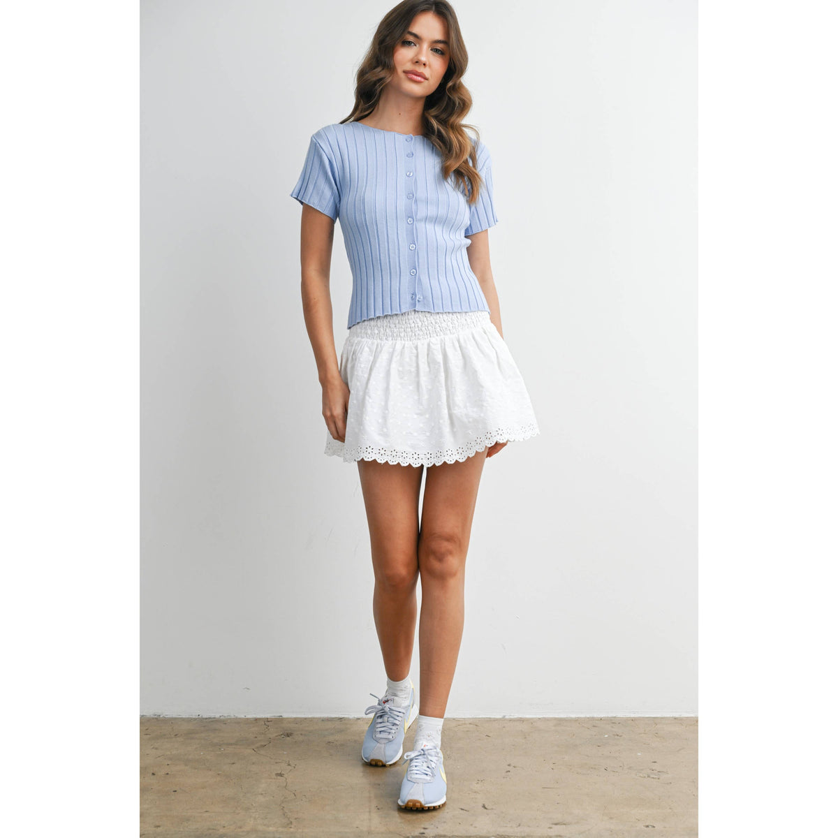 Ribbed Short Sleeve Buttoned Top