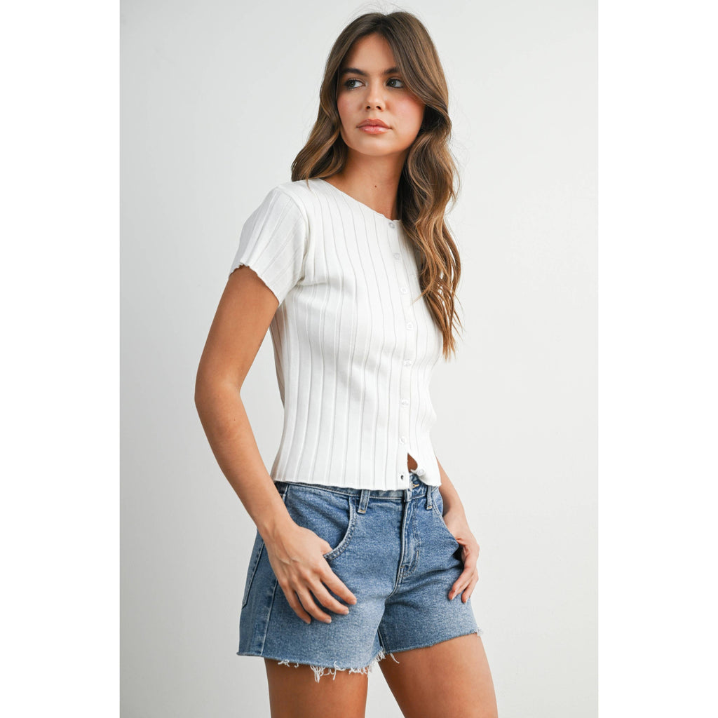 Ribbed Short Sleeve Buttoned Top