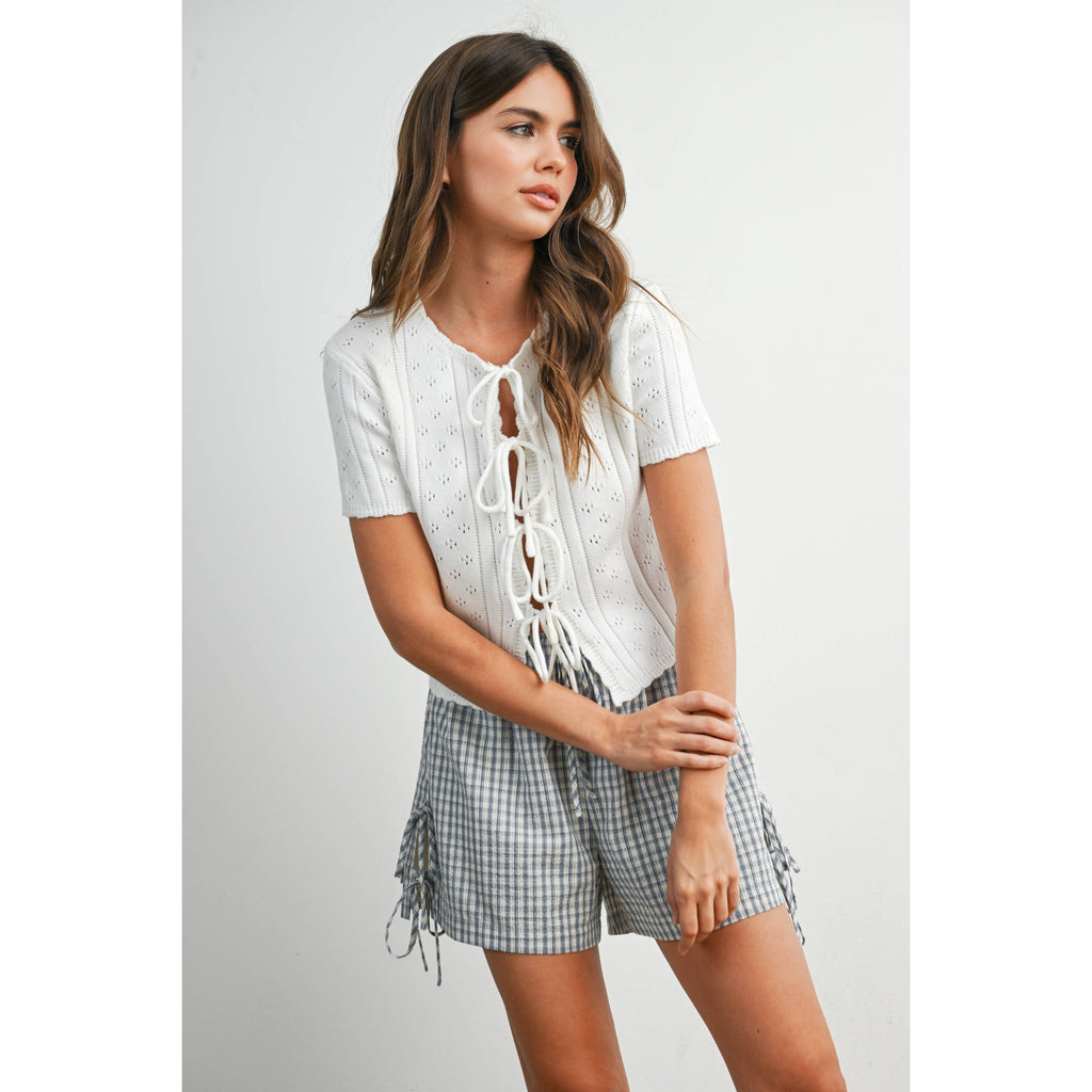Scalloped Tie-Front Pointelle Knit Top