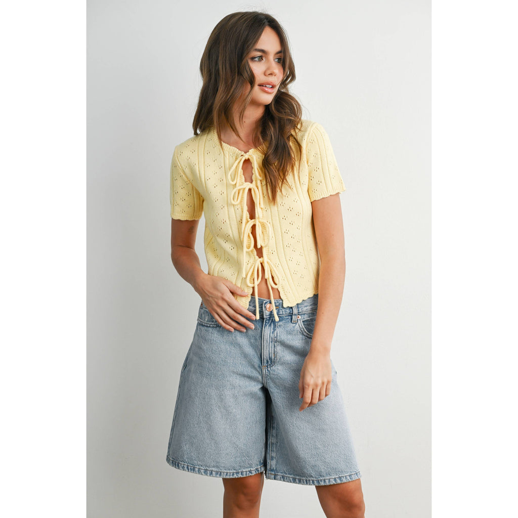 Scalloped Tie-Front Pointelle Knit Top