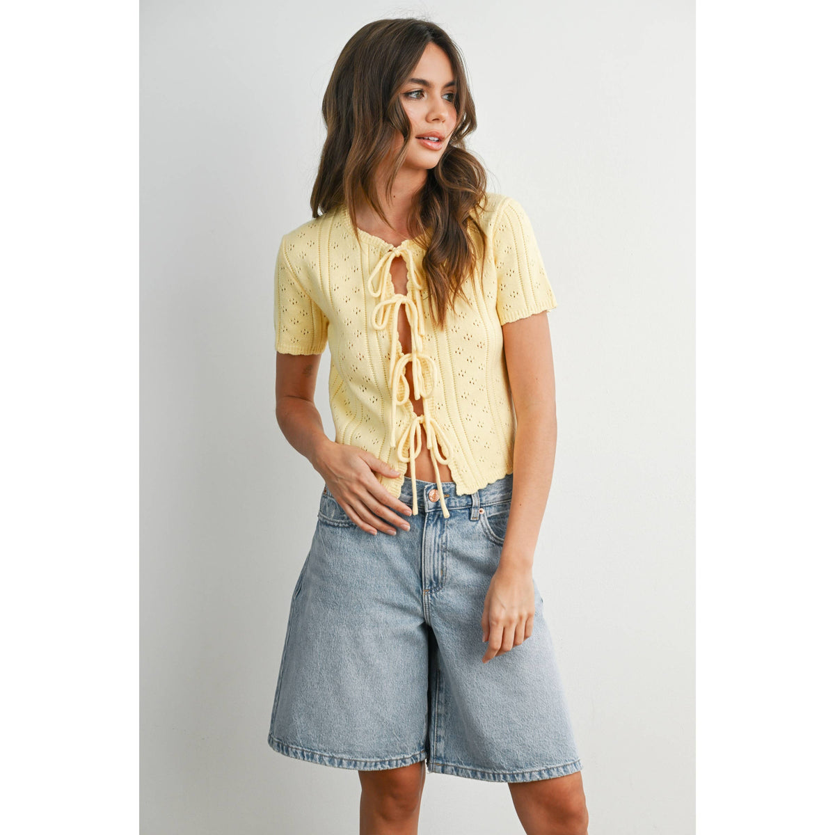 Scalloped Tie-Front Pointelle Knit Top