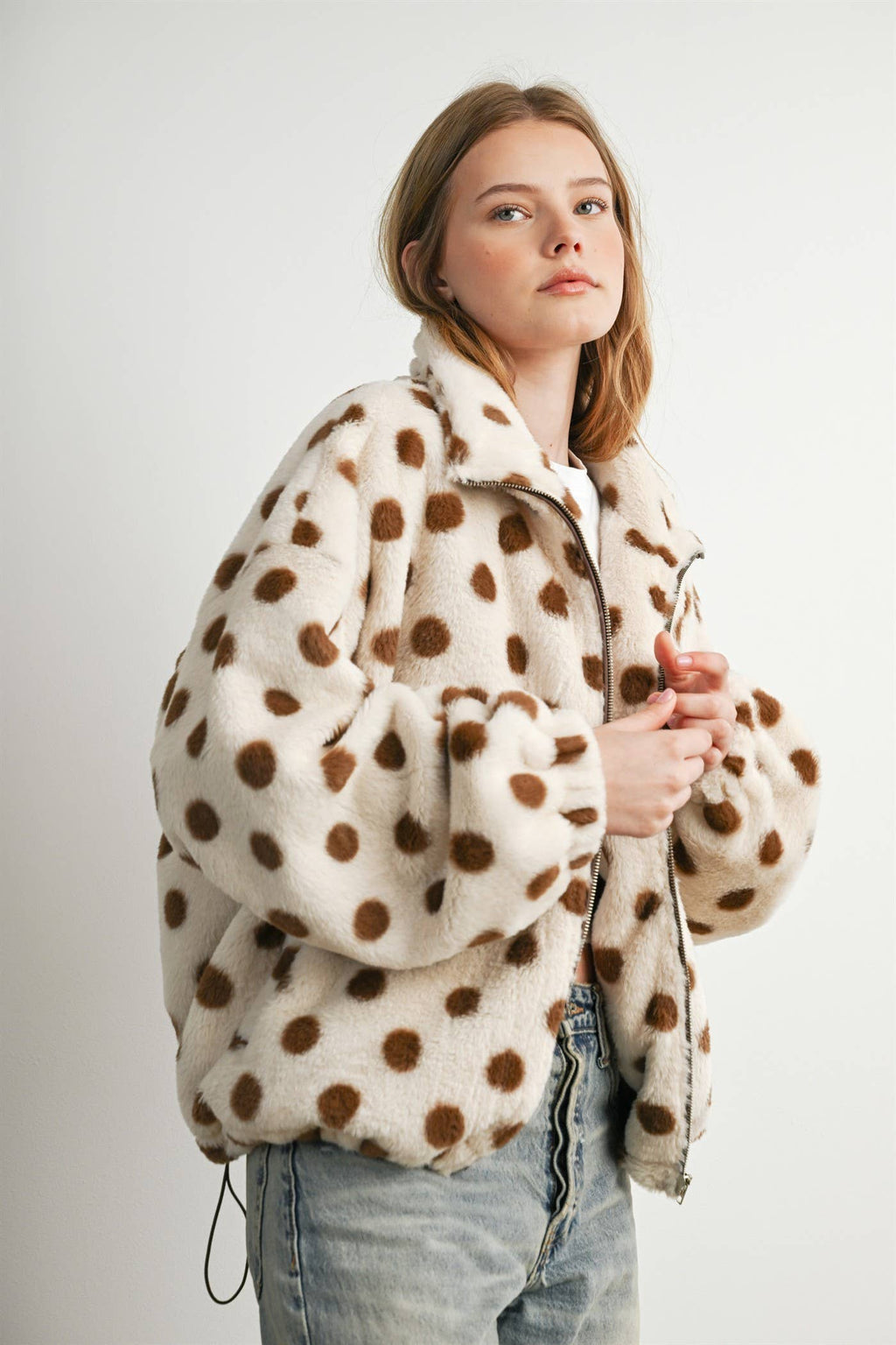 Cocoa Polka Dot Faux Fur Jacket