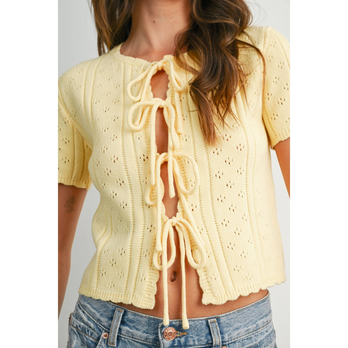 Scalloped Tie-Front Pointelle Knit Top