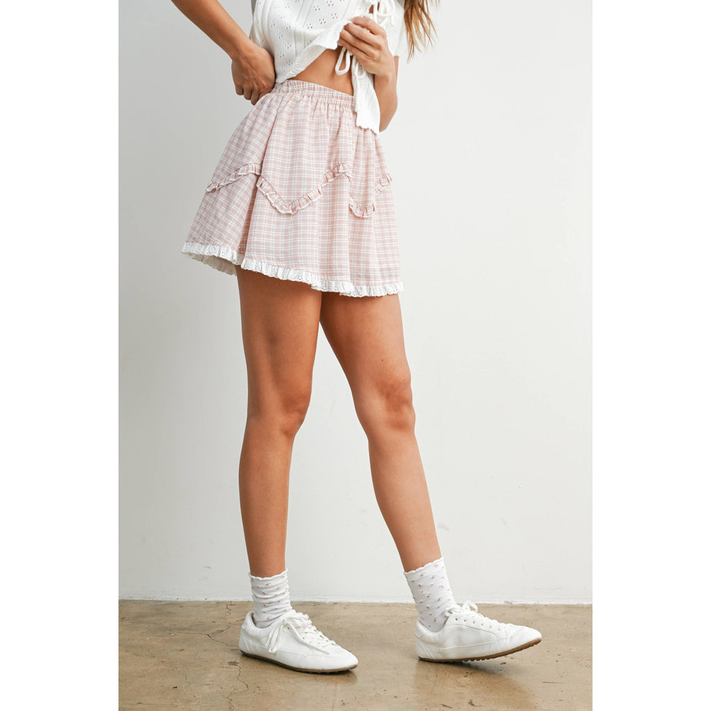 Vintage Check Mini Skirt with Lace Trim