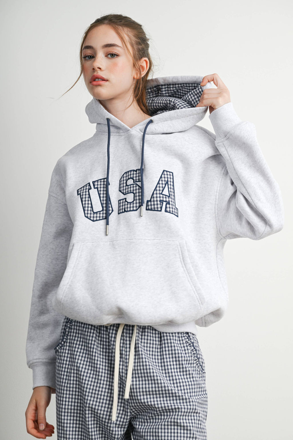 USA Graphic Gingham Lined Hooded Sweatshirt