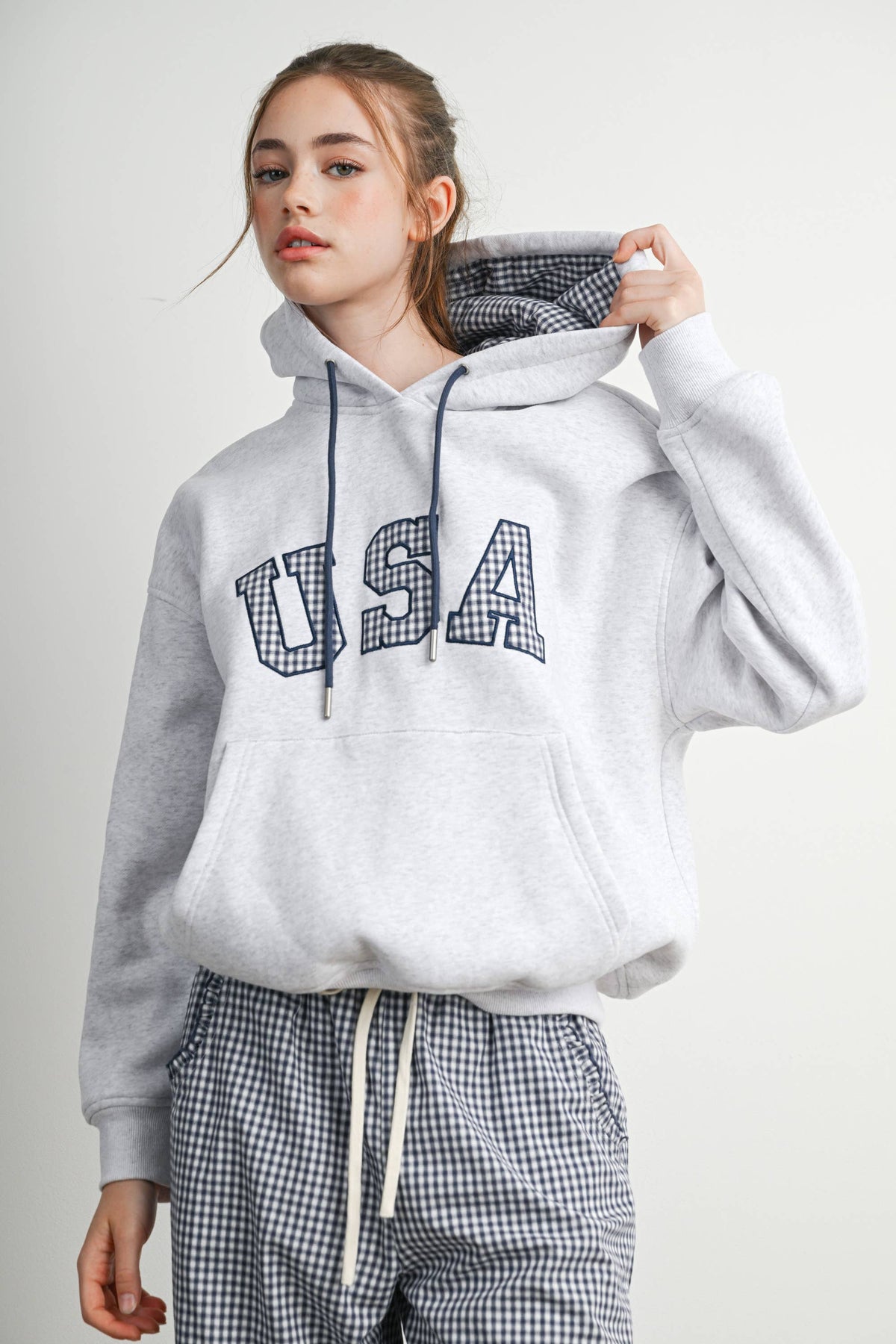 USA Graphic Gingham Lined Hooded Sweatshirt