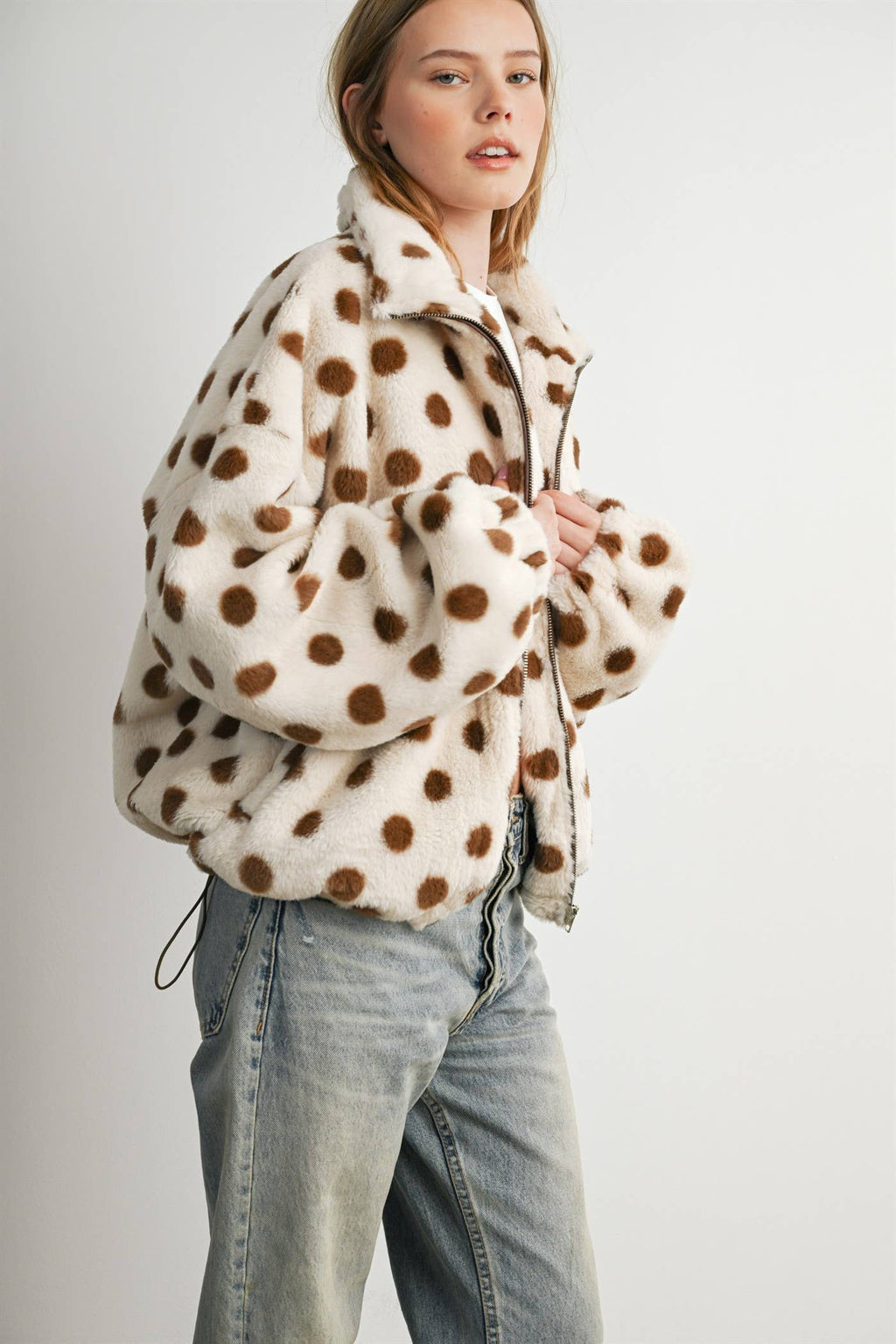 Cocoa Polka Dot Faux Fur Jacket