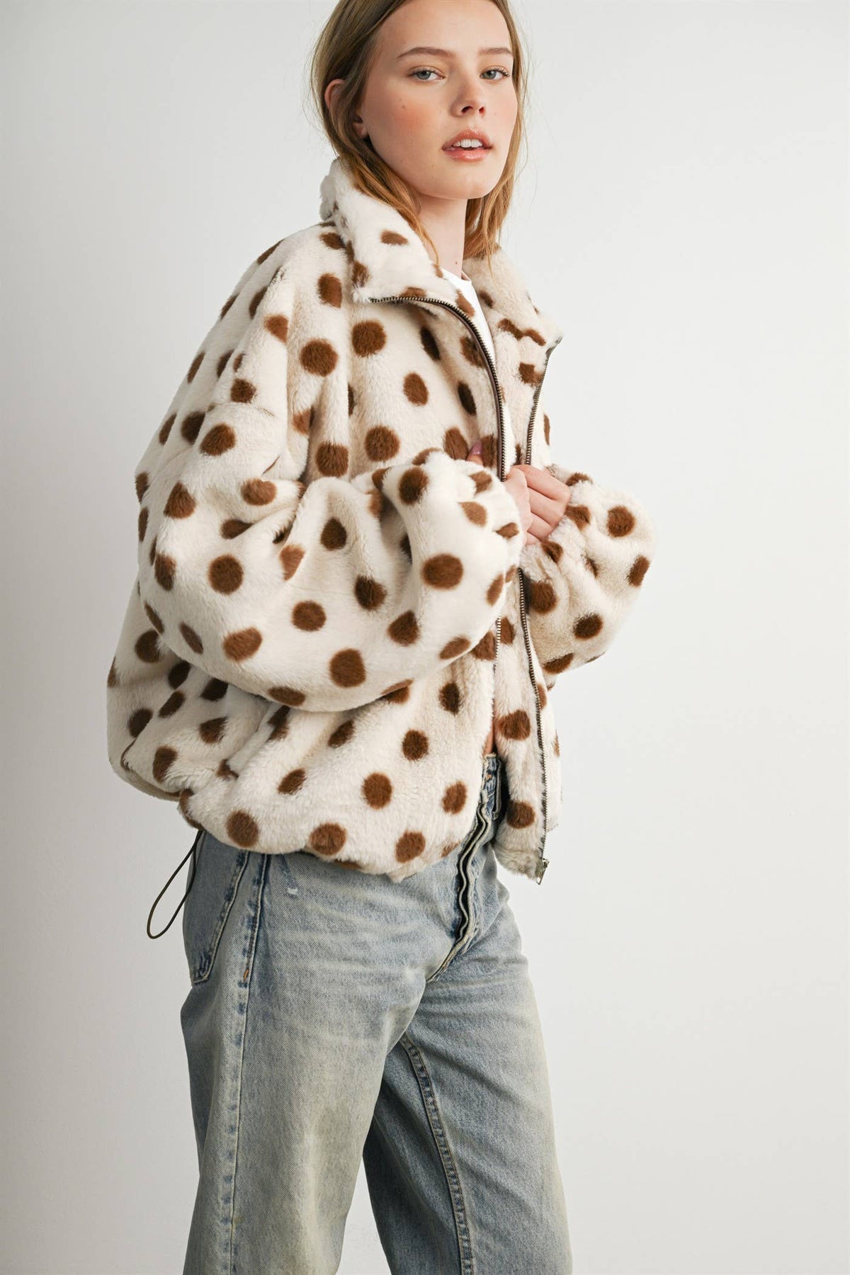 Cocoa Polka Dot Faux Fur Jacket