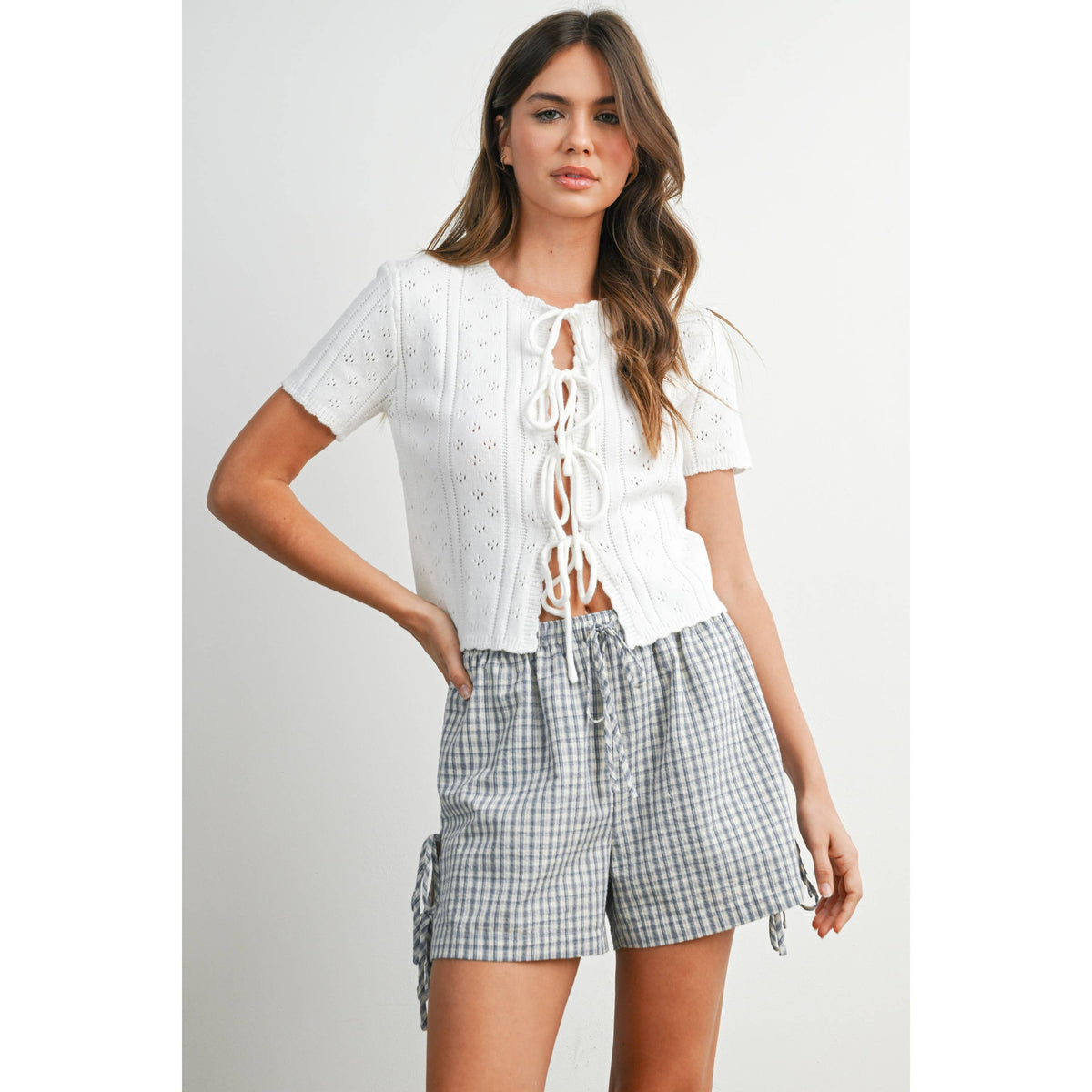 Scalloped Tie-Front Pointelle Knit Top