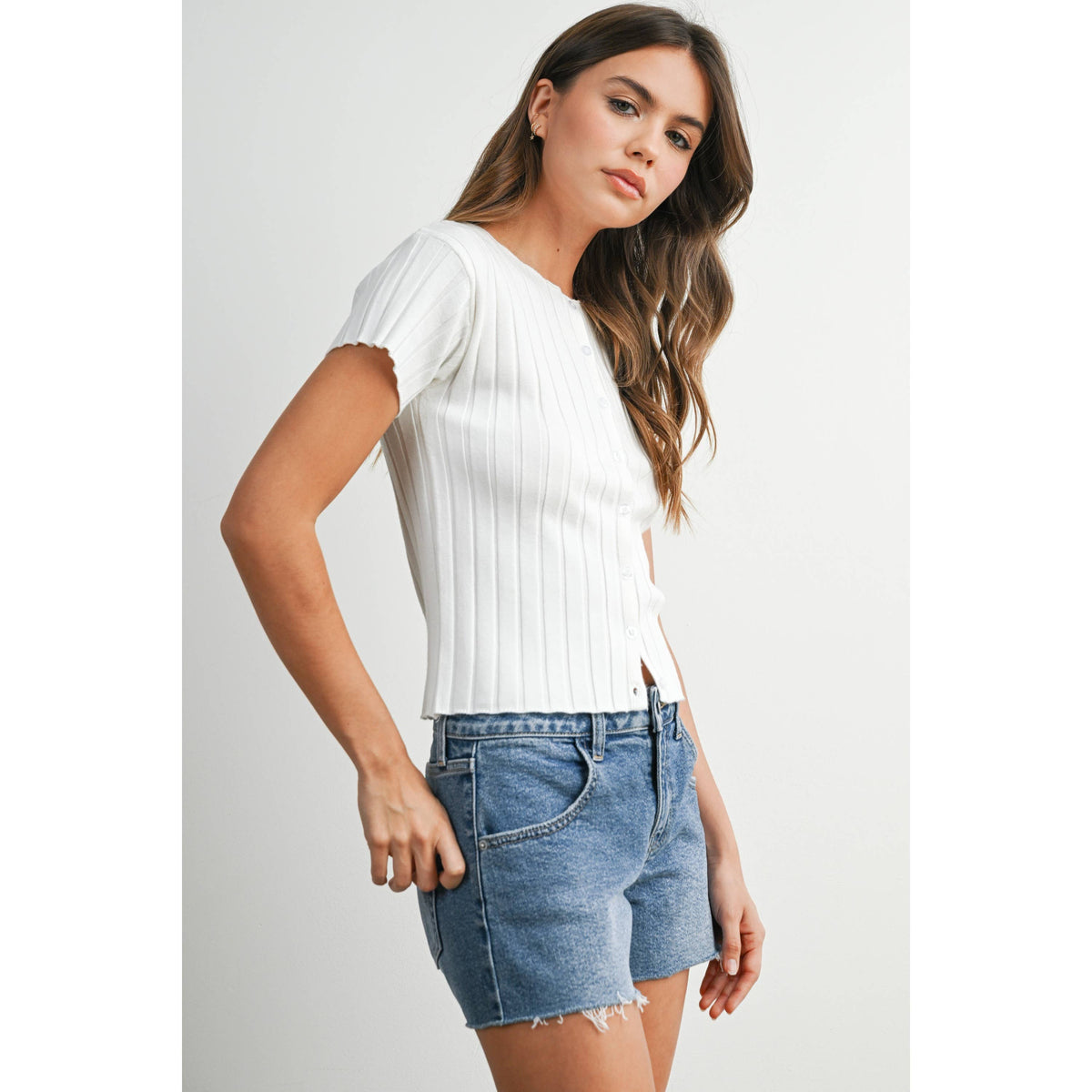 Ribbed Short Sleeve Buttoned Top