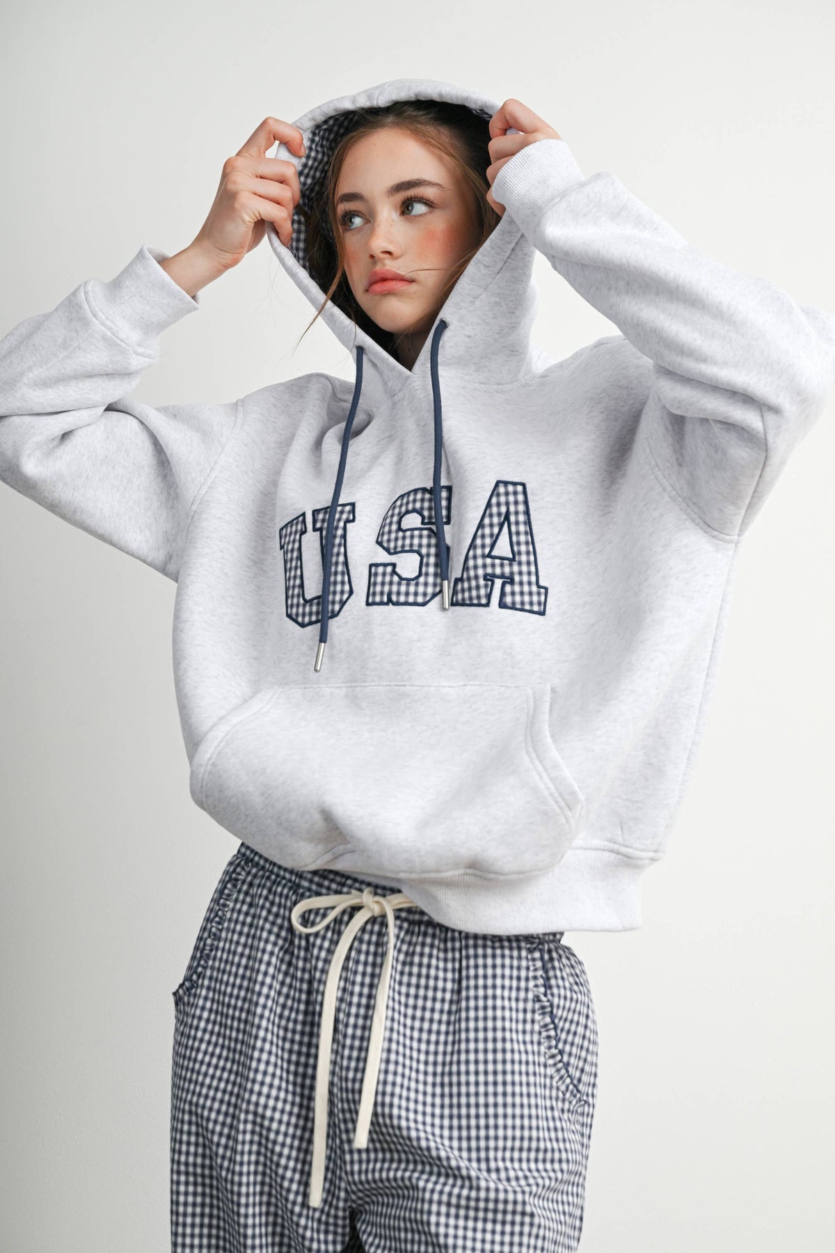 USA Graphic Gingham Lined Hooded Sweatshirt