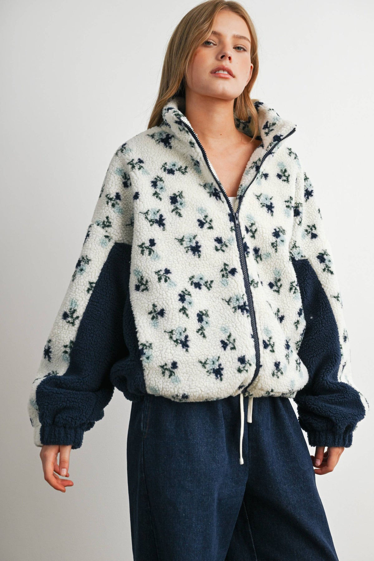 Bluebell Floral Sherpa Fleece Zip Jacket
