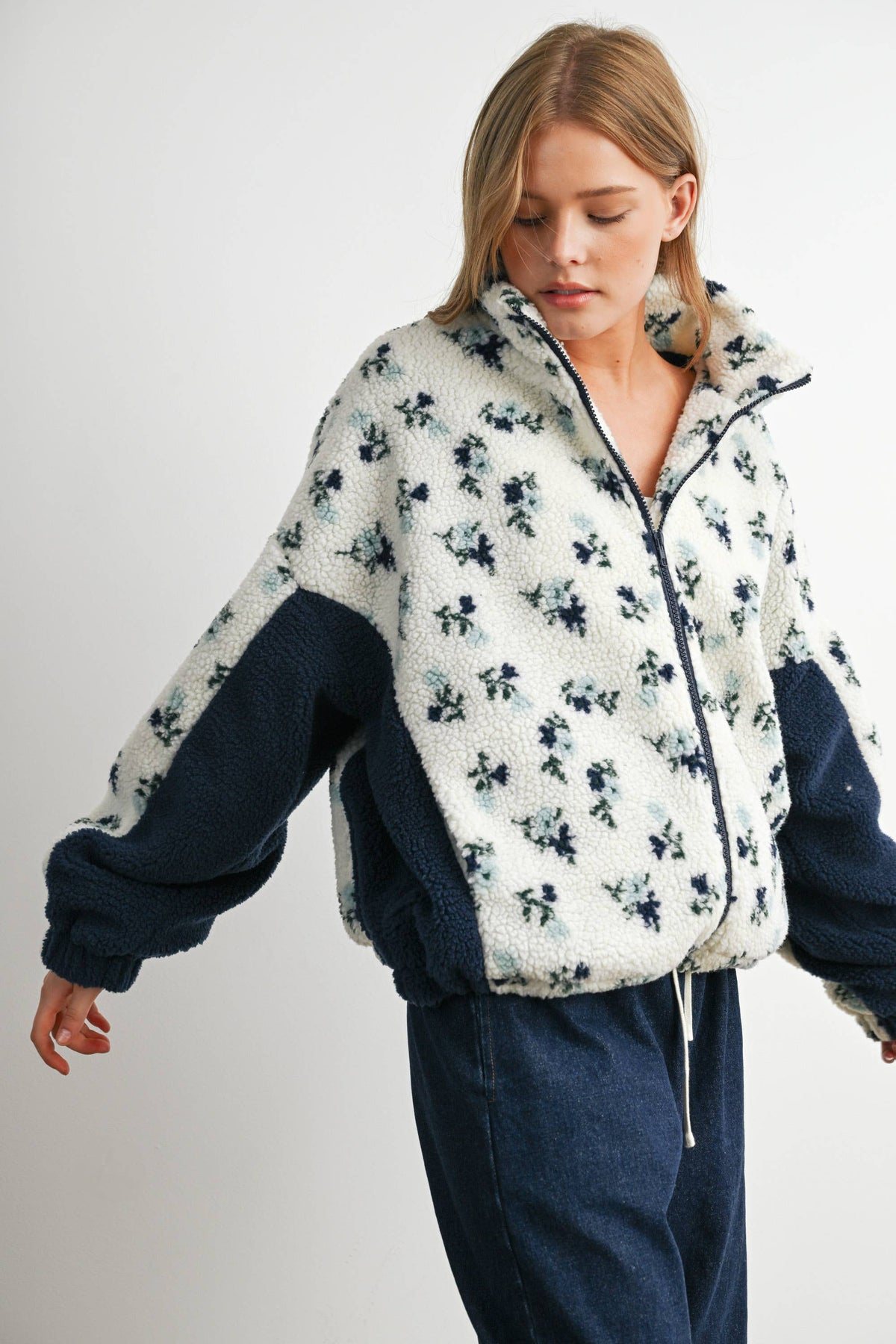 Bluebell Floral Sherpa Fleece Zip Jacket