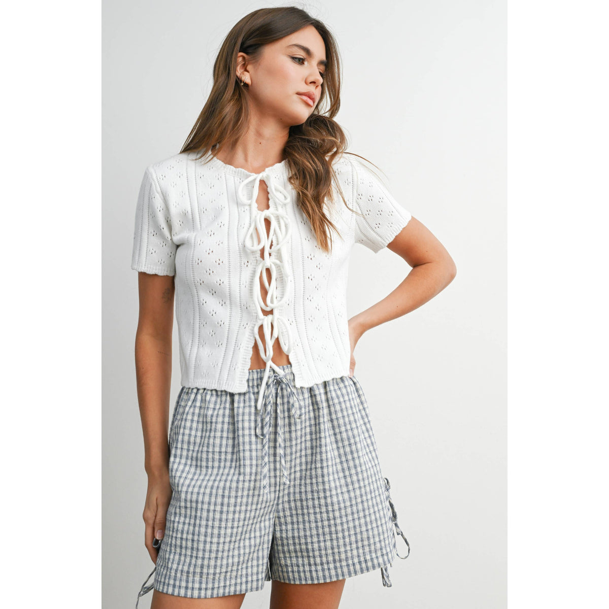 Scalloped Tie-Front Pointelle Knit Top