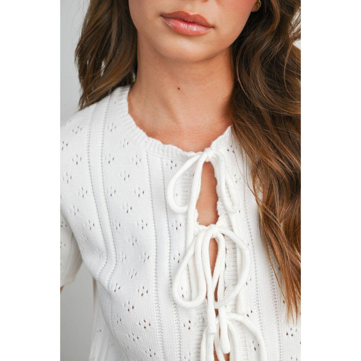 Scalloped Tie-Front Pointelle Knit Top