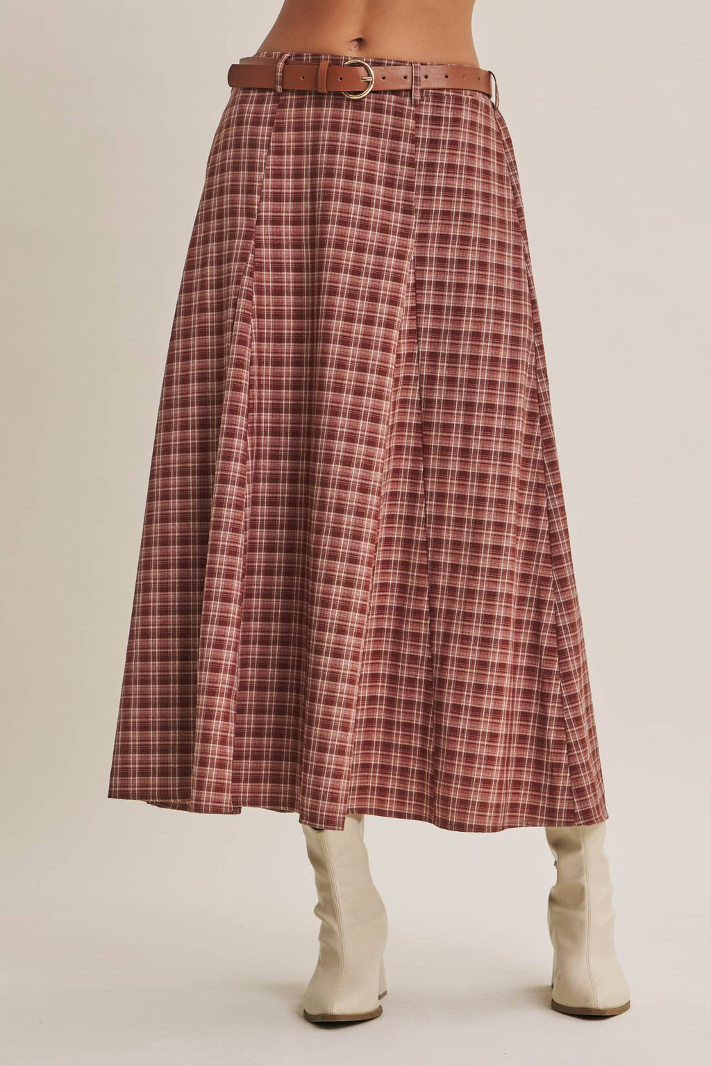Maple Trail Heritage Plaid Flare Maxi Skirt with Belt