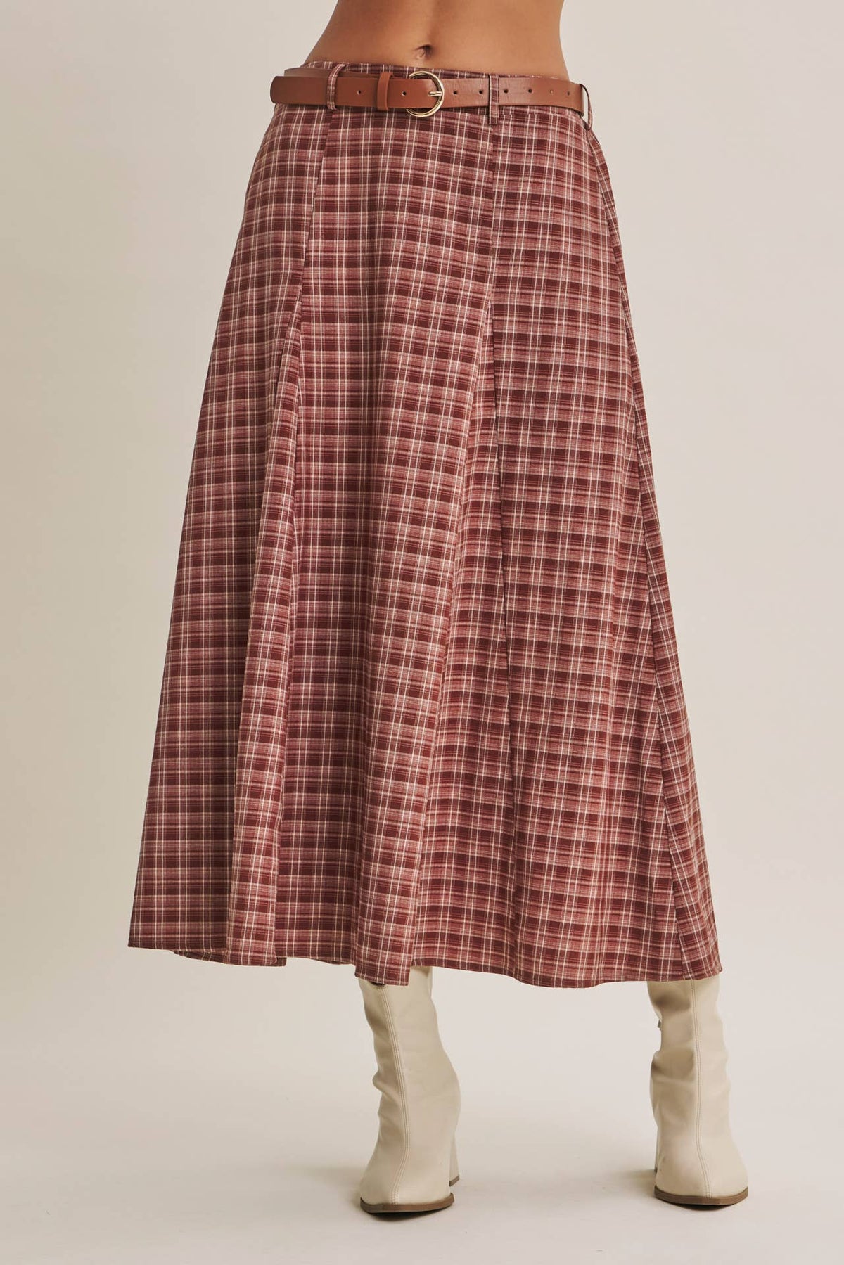 Maple Trail Heritage Plaid Flare Maxi Skirt with Belt