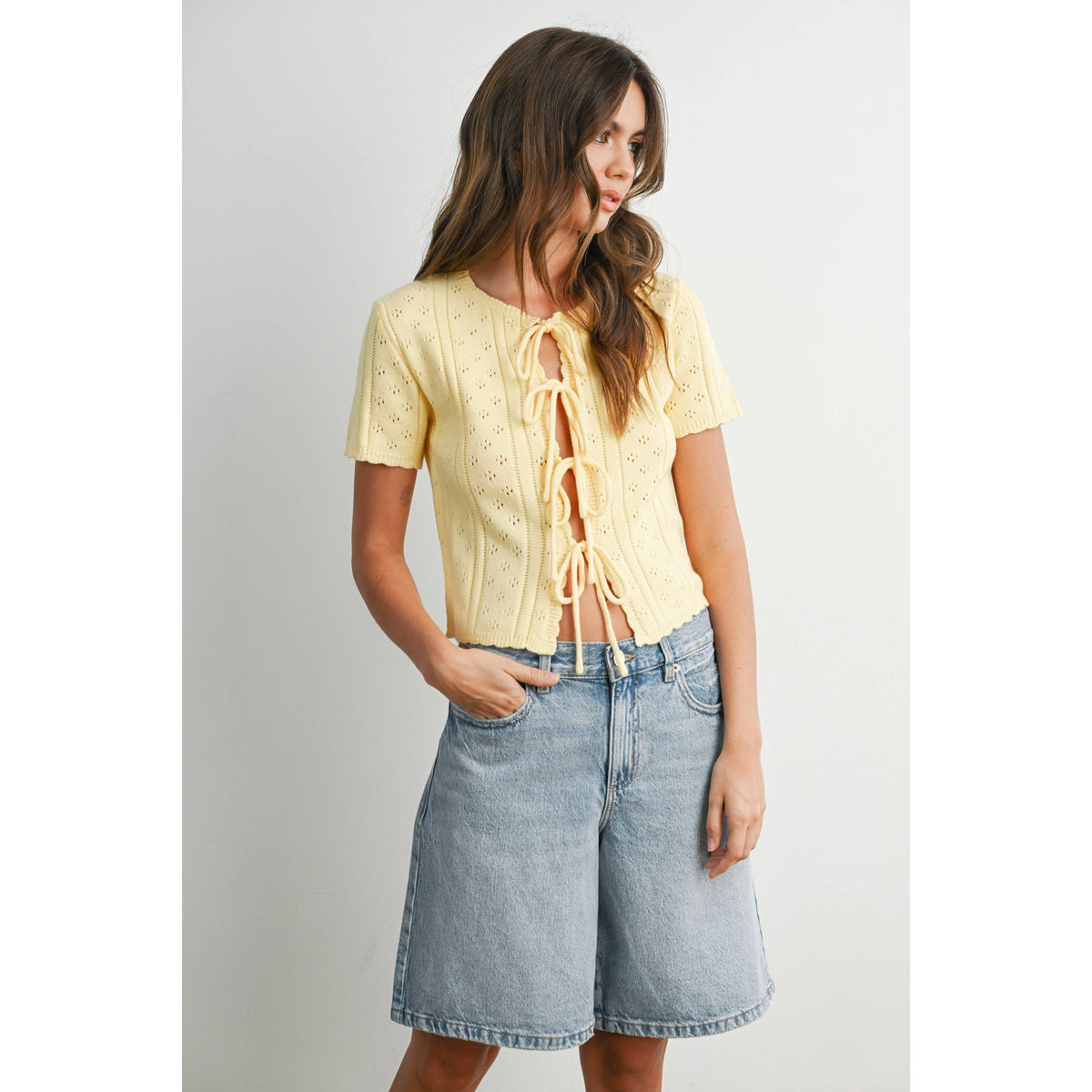 Scalloped Tie-Front Pointelle Knit Top