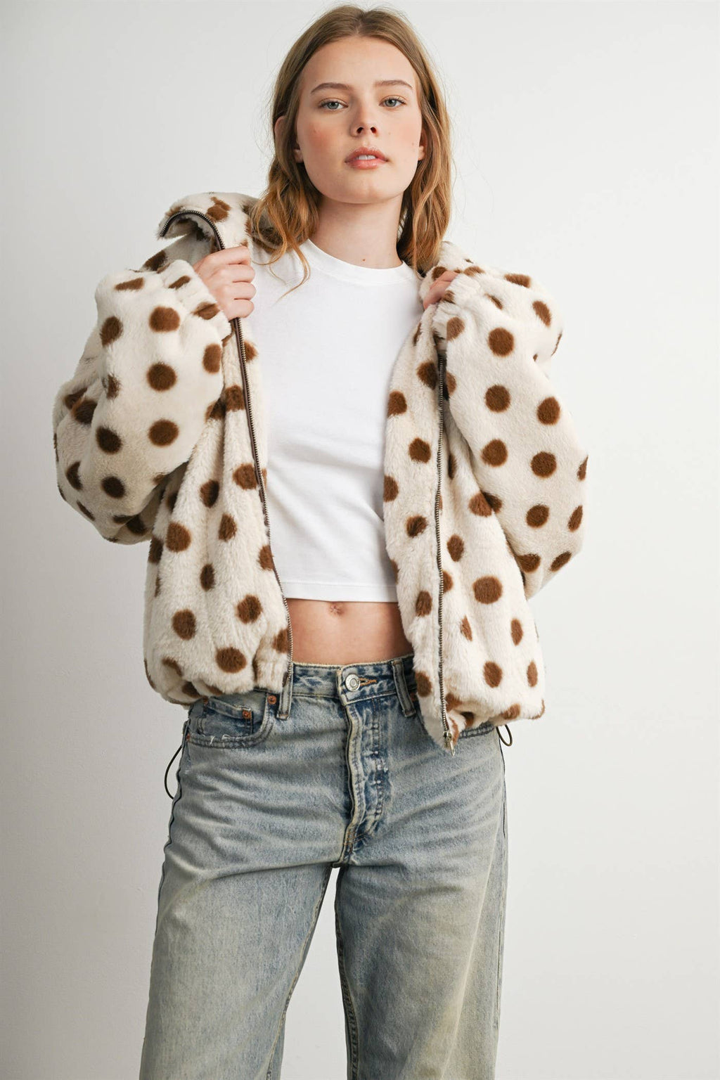 Cocoa Polka Dot Faux Fur Jacket