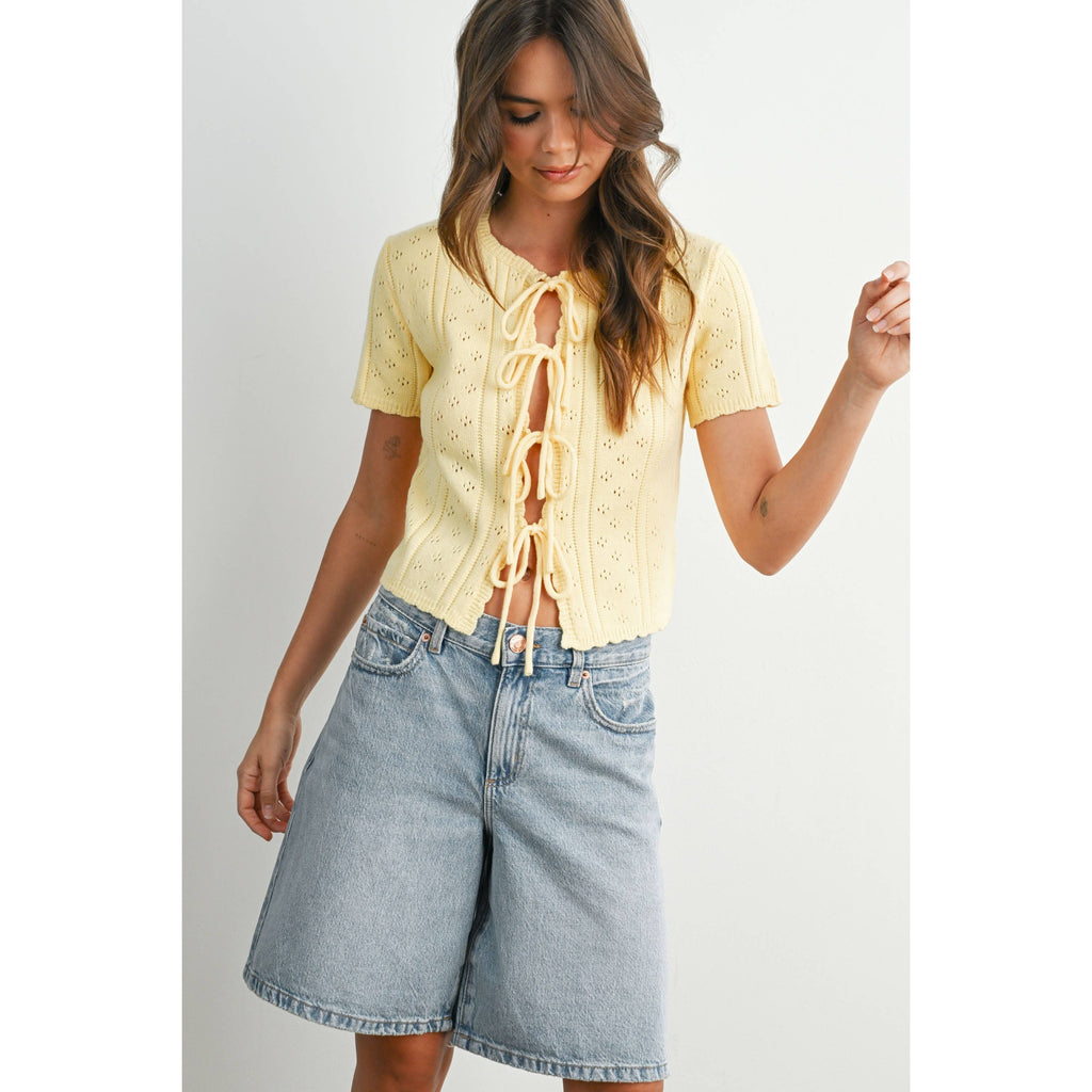 Scalloped Tie-Front Pointelle Knit Top