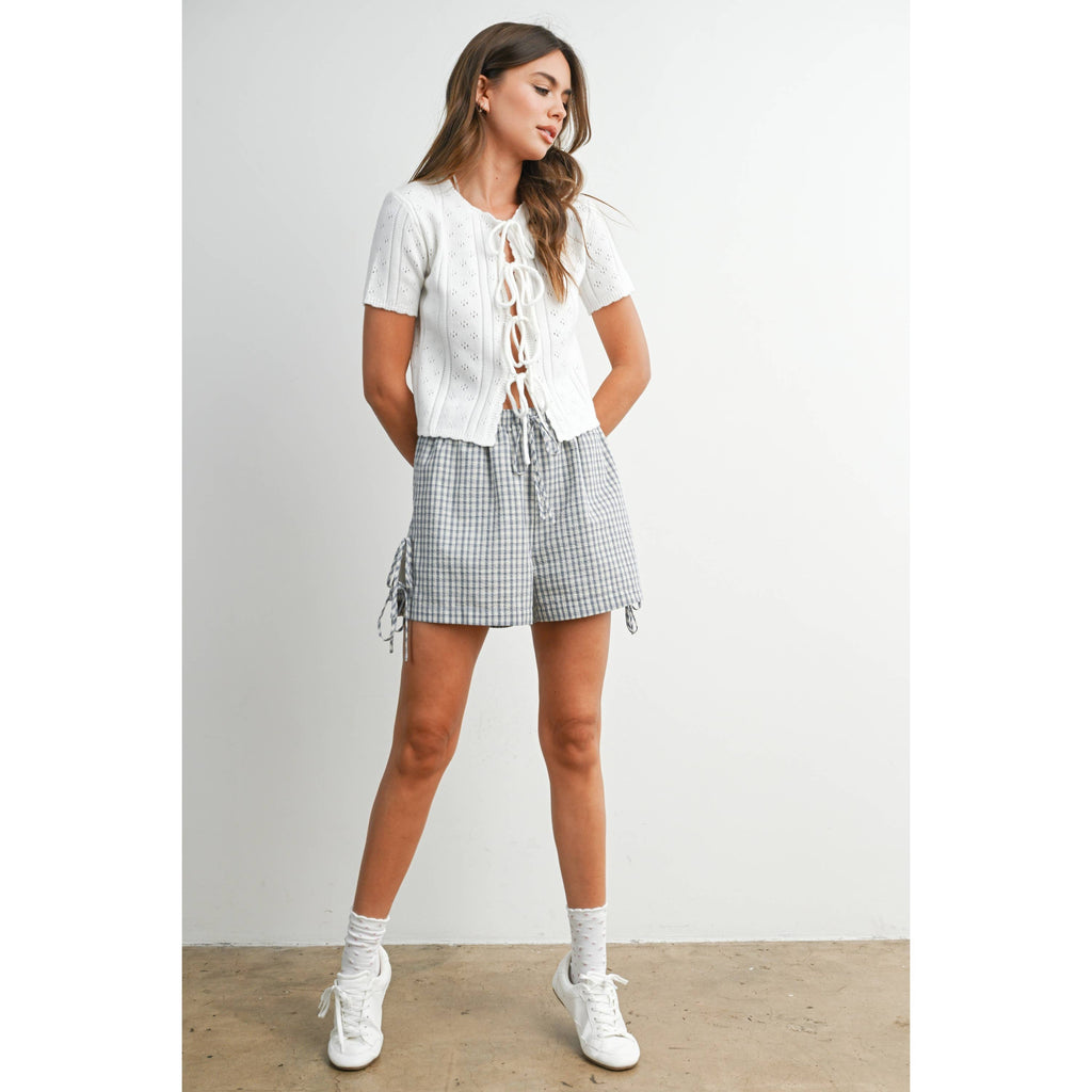 Scalloped Tie-Front Pointelle Knit Top