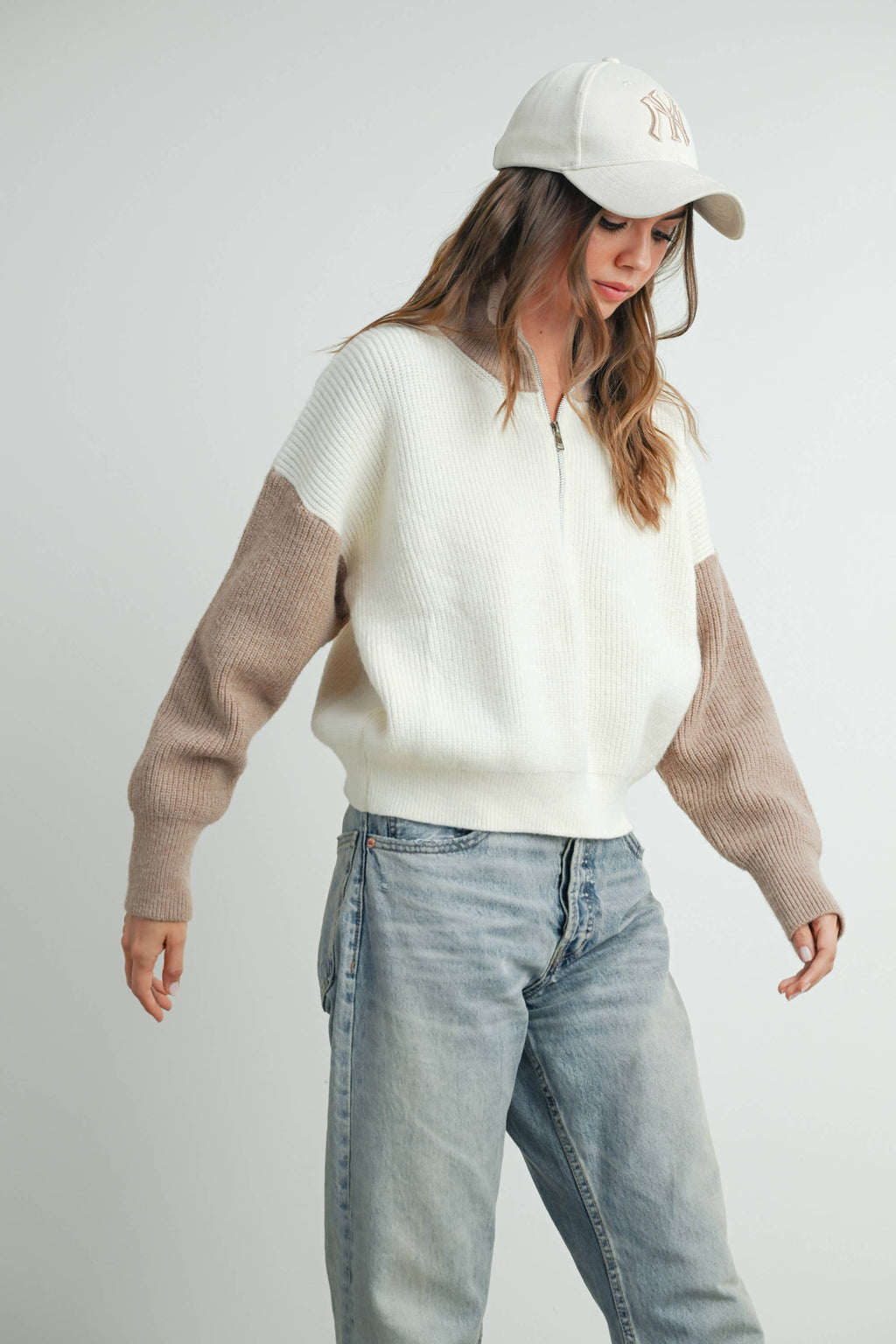 Color Block Collar Half Zipper Pullover Sweater
