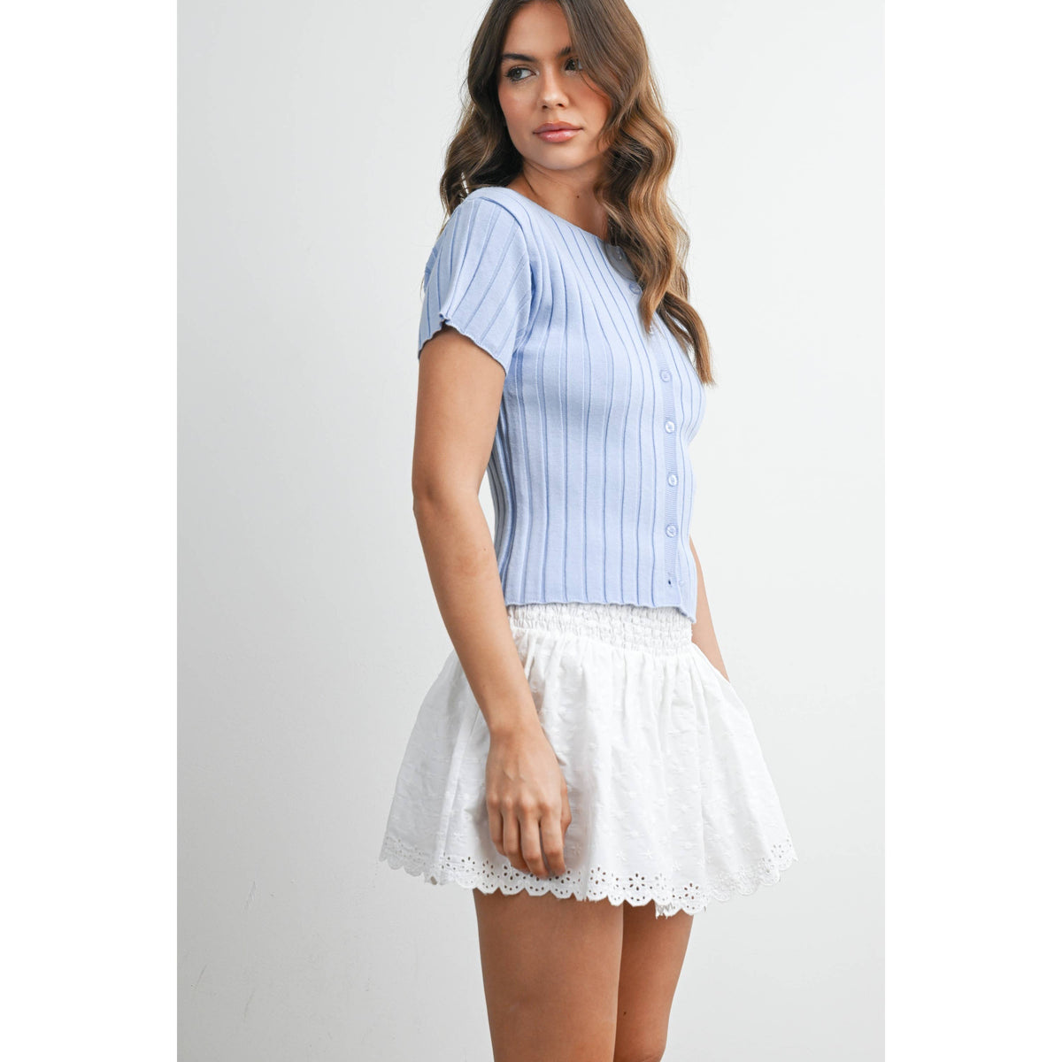 Ribbed Short Sleeve Buttoned Top