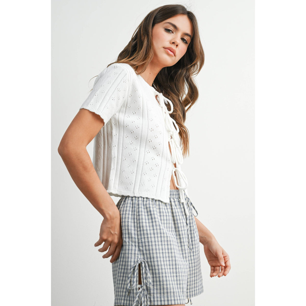 Scalloped Tie-Front Pointelle Knit Top