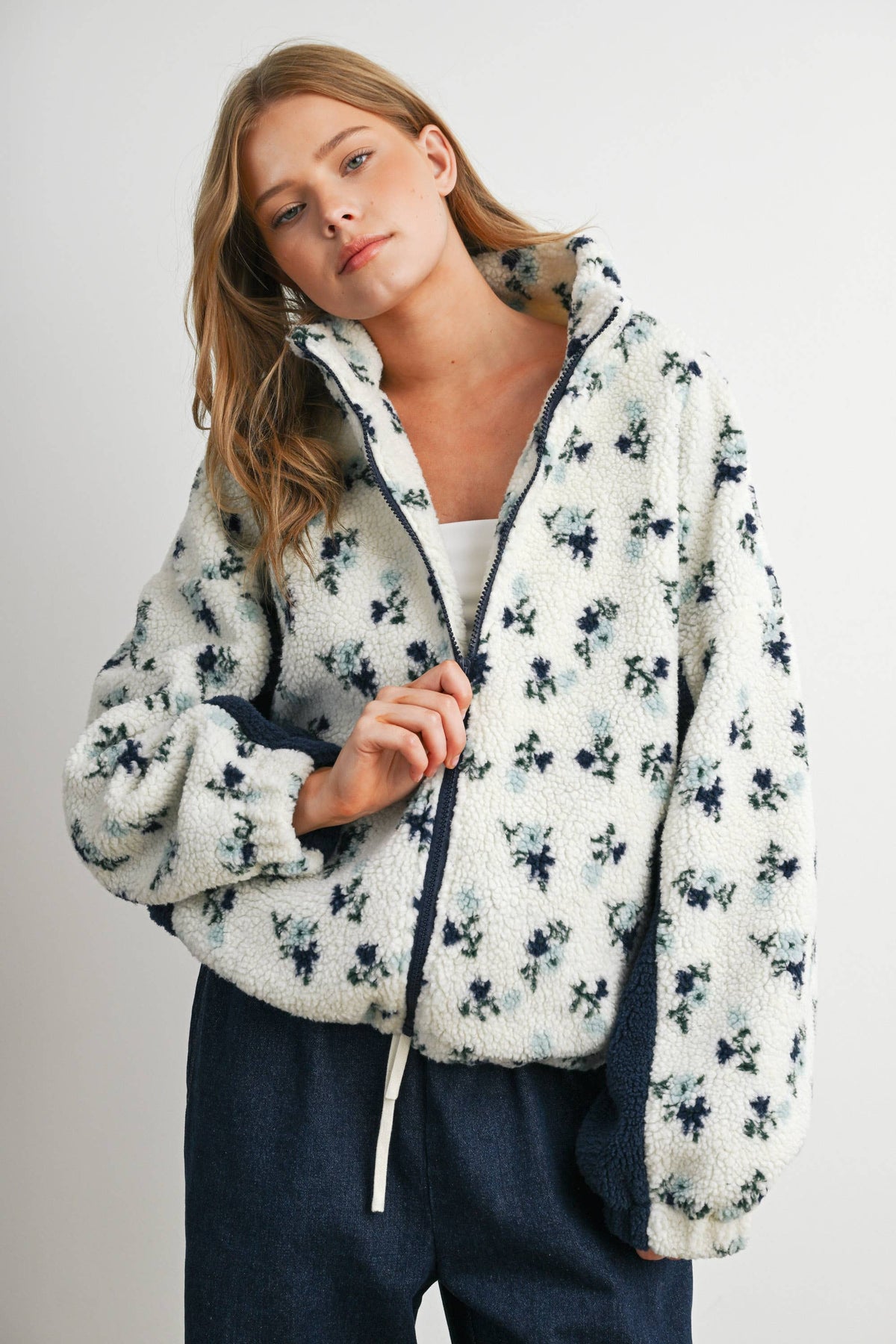 Bluebell Floral Sherpa Fleece Zip Jacket