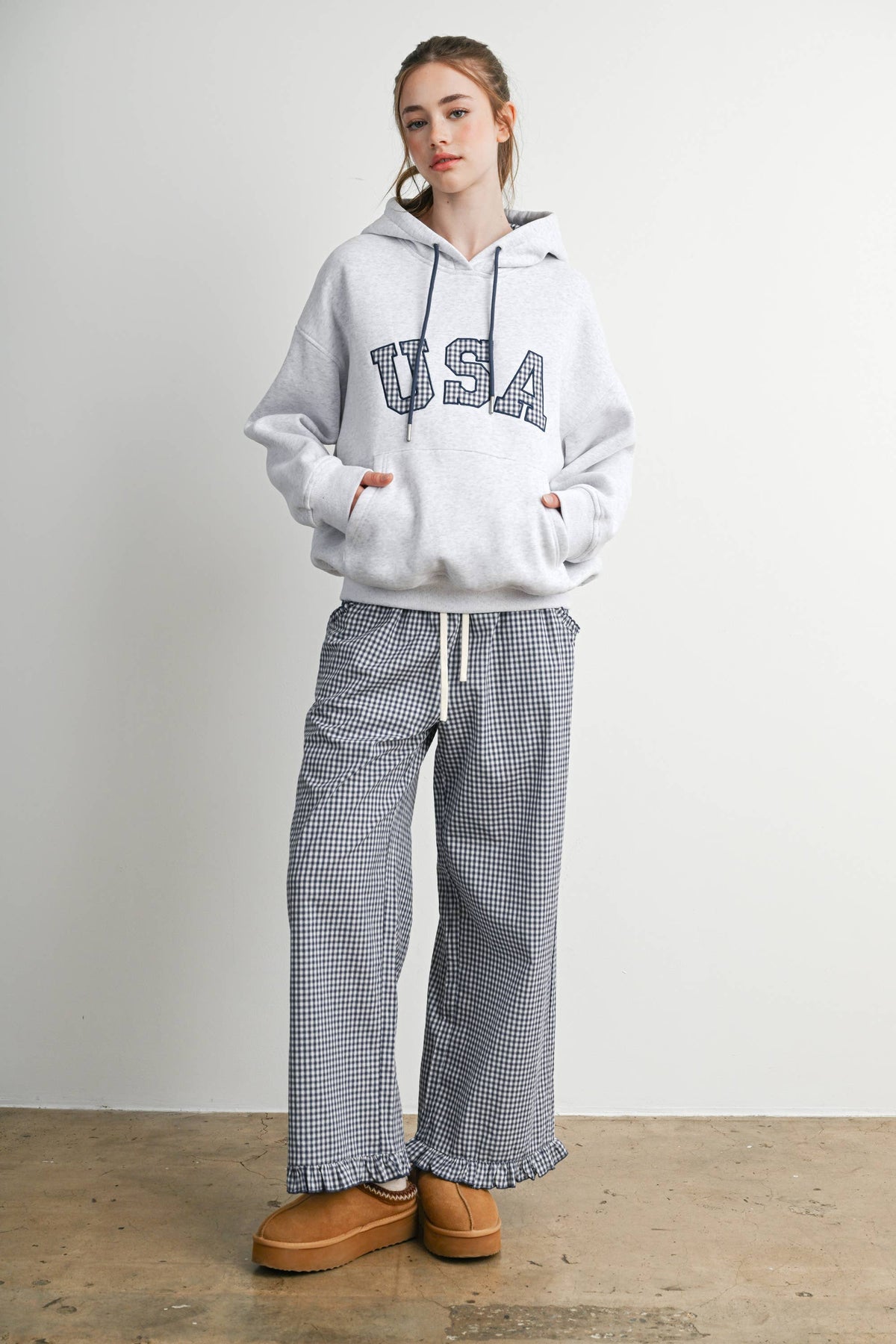 USA Graphic Gingham Lined Hooded Sweatshirt