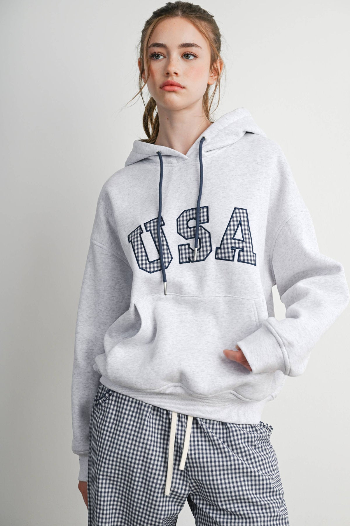USA Graphic Gingham Lined Hooded Sweatshirt