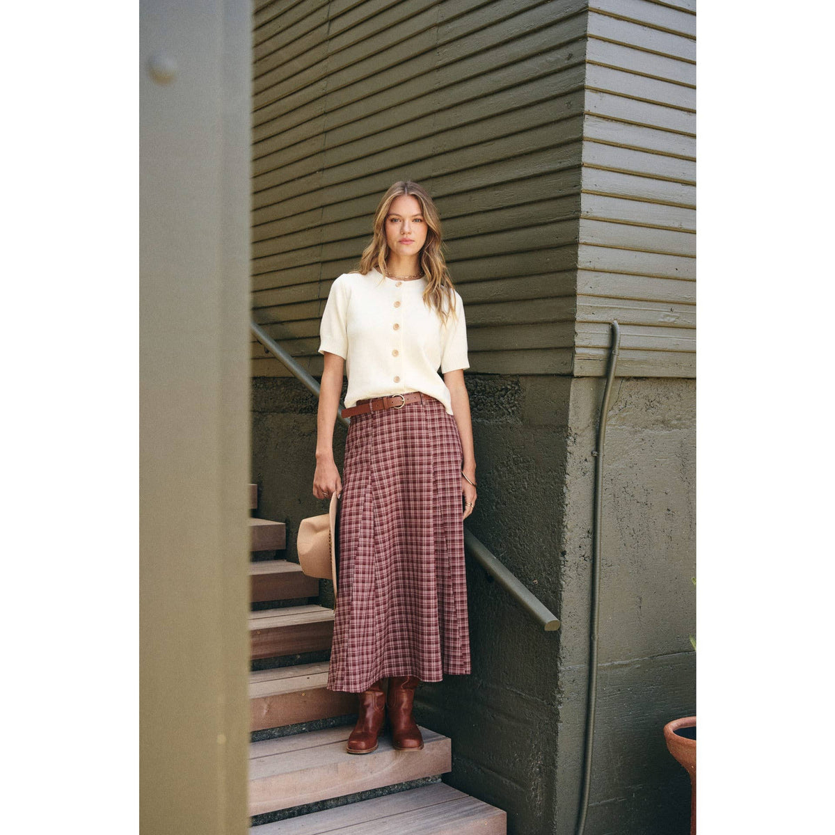 Maple Trail Heritage Plaid Flare Maxi Skirt with Belt