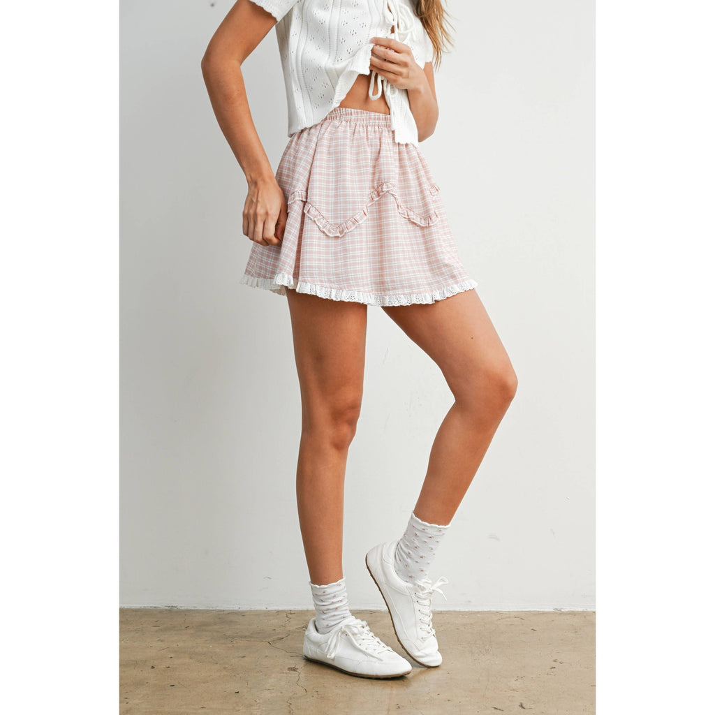 Vintage Check Mini Skirt with Lace Trim